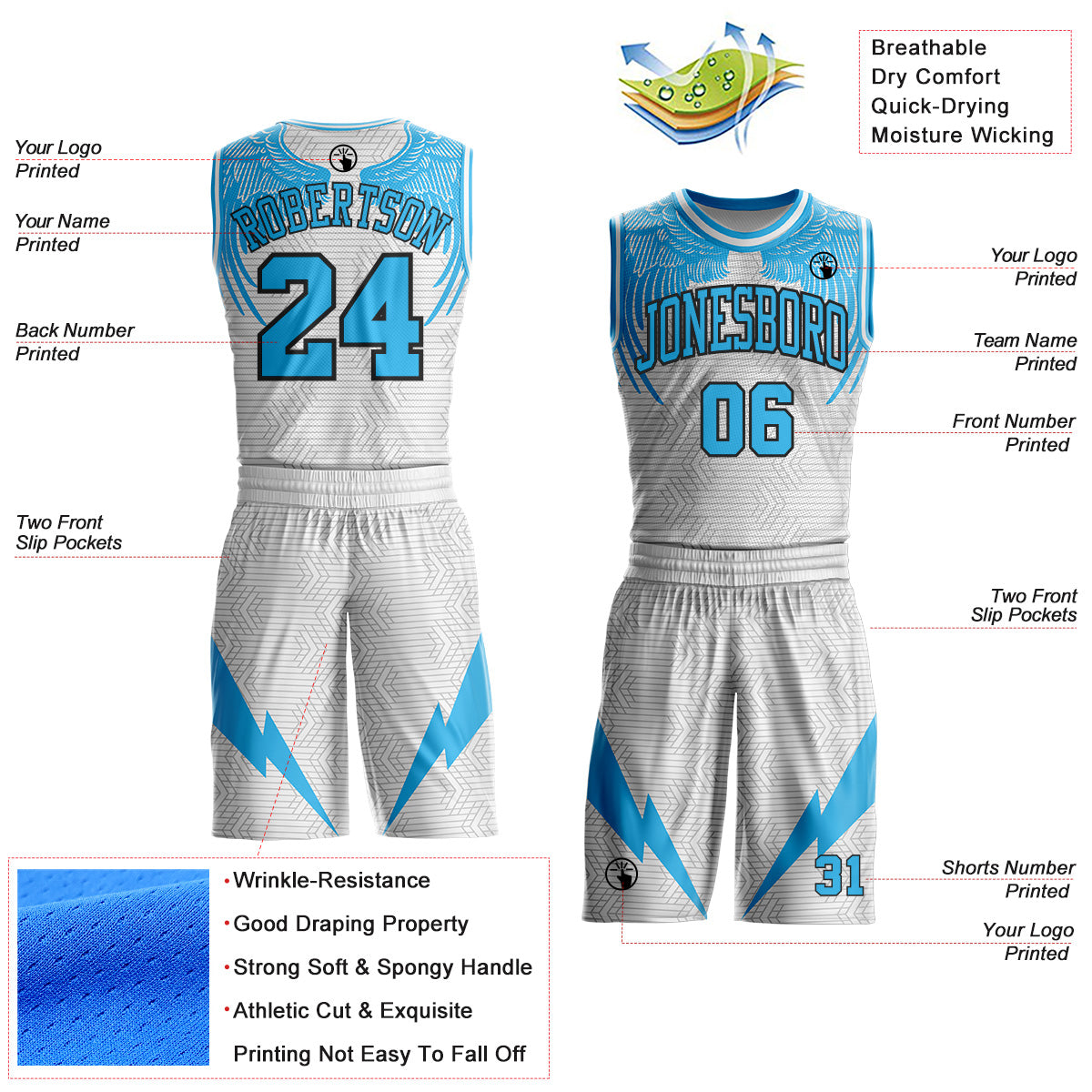 Custom White Sky Blue-Black Wing Lightning Boho Style Round Neck Sublimation Basketball Uniform Jersey view 2