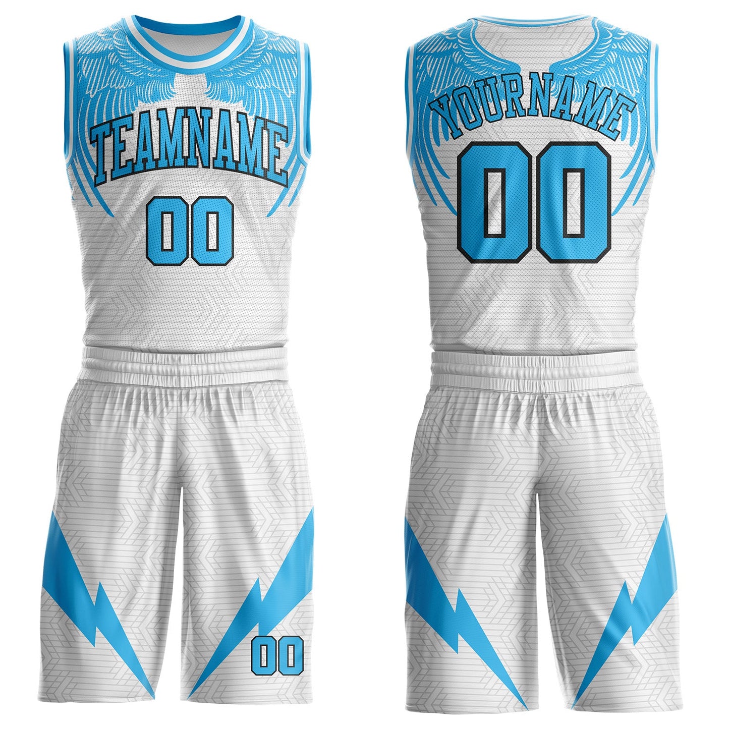 Custom White Sky Blue-Black Wing Lightning Boho Style Round Neck Sublimation Basketball Uniform Jersey - Main View