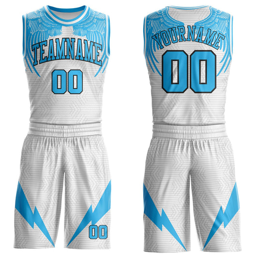 Custom White Sky Blue-Black Wing Lightning Boho Style Round Neck Sublimation Basketball Uniform Jersey - Main View