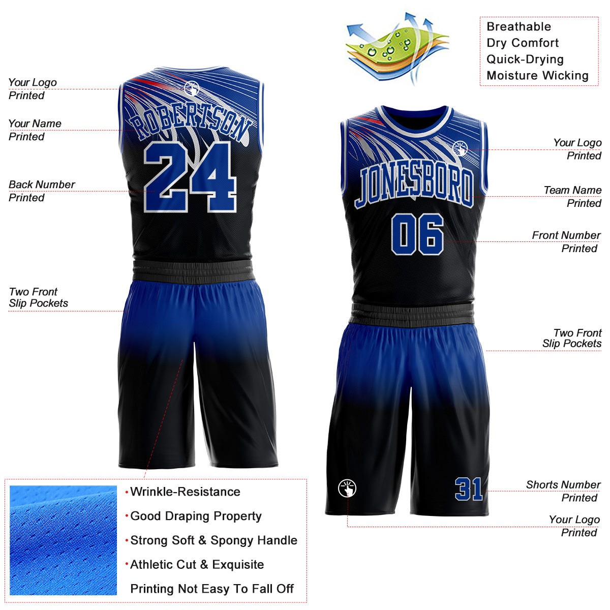 Custom Black Royal-White Wing Gradient Boho Style Round Neck Sublimation Basketball Uniform Jersey view 2