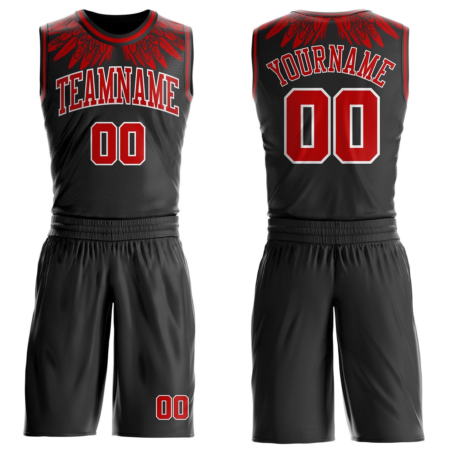 Custom Black Red-White Feather Wing Boho Style Round Neck Sublimation Basketball Uniform Jersey - Main View