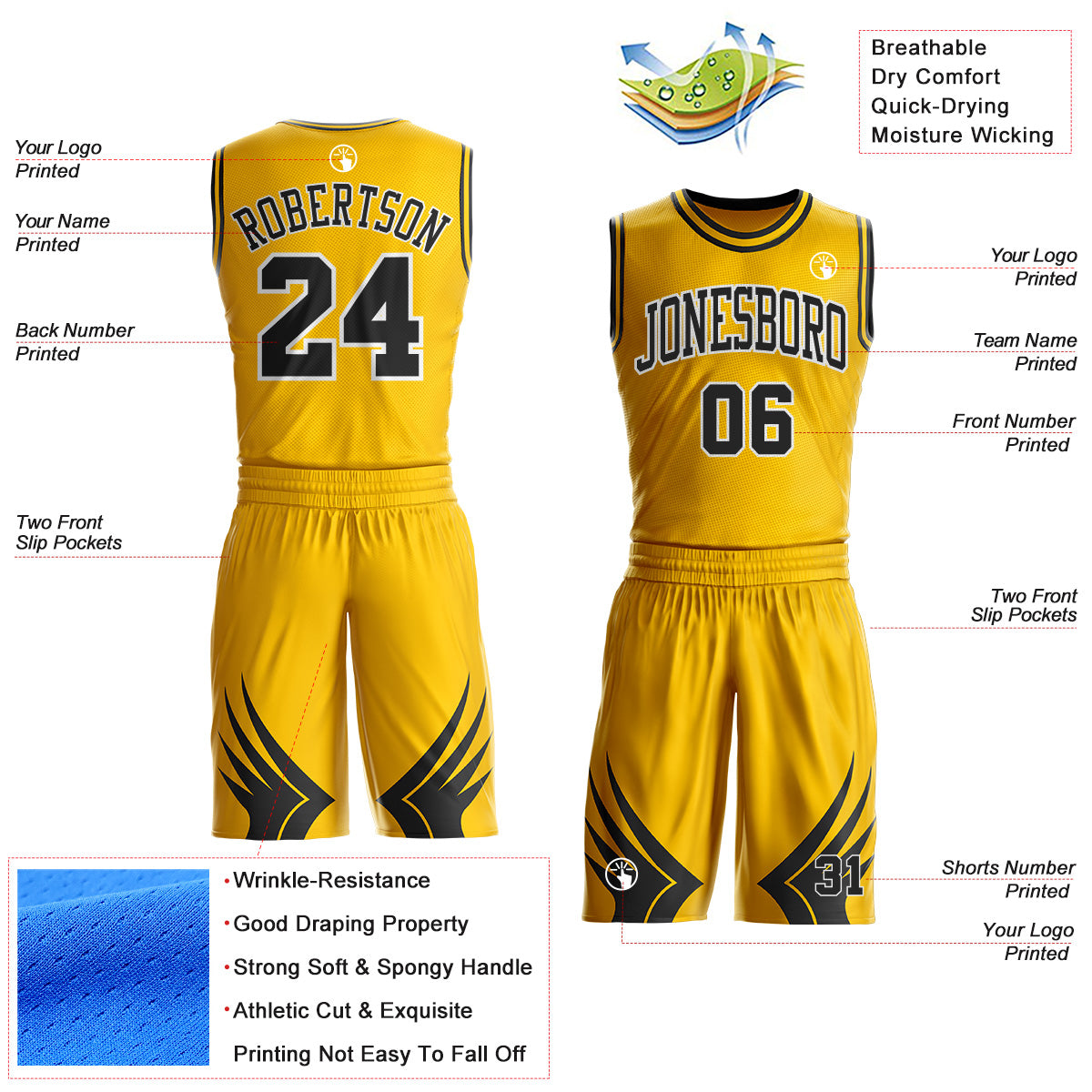 Custom Yellow Black-White Wing Boho Style Round Neck Sublimation Basketball Uniform Jersey view 2