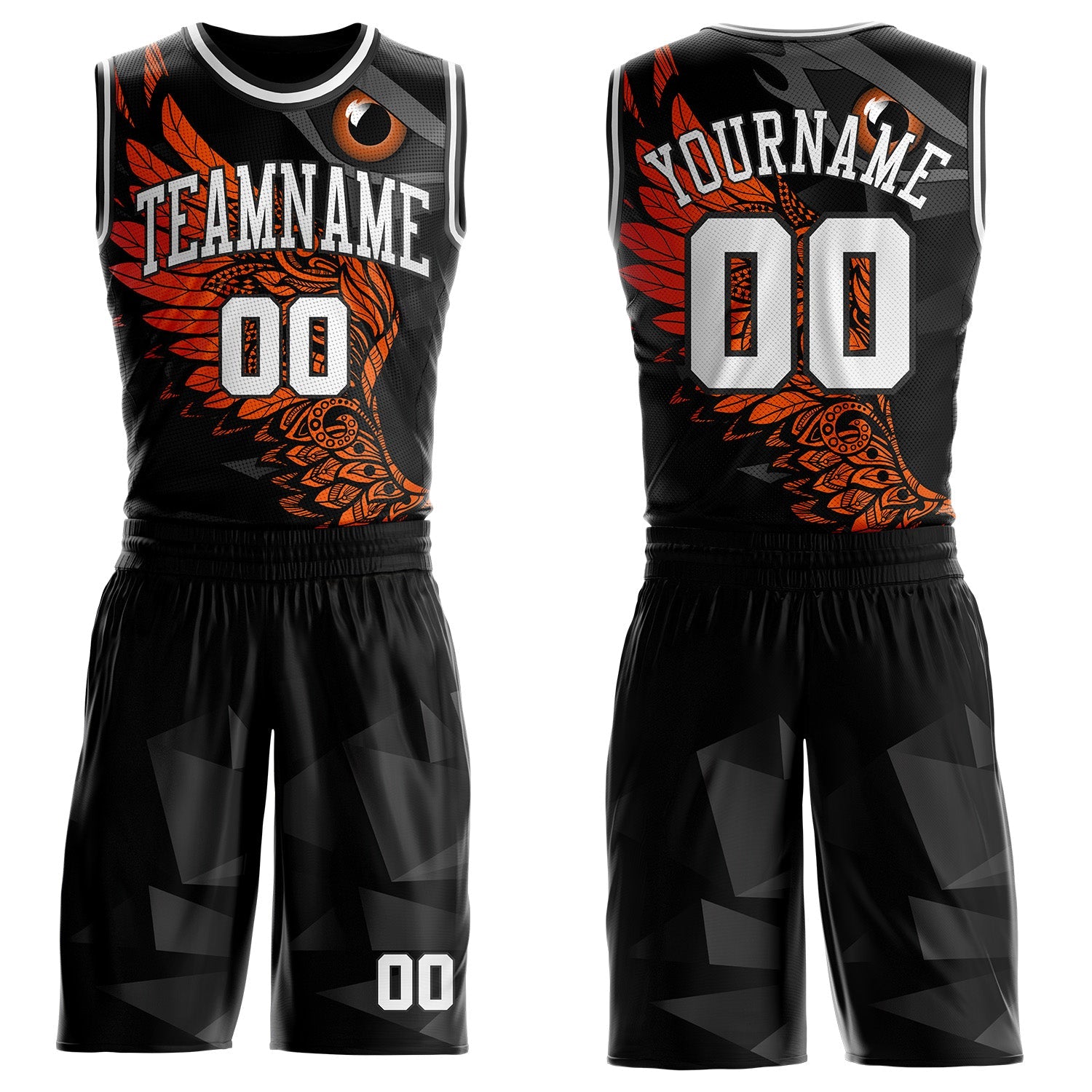 Custom Black White-Orange Eagle Wing Boho Style Round Neck Sublimation Basketball Uniform Jersey - Main View