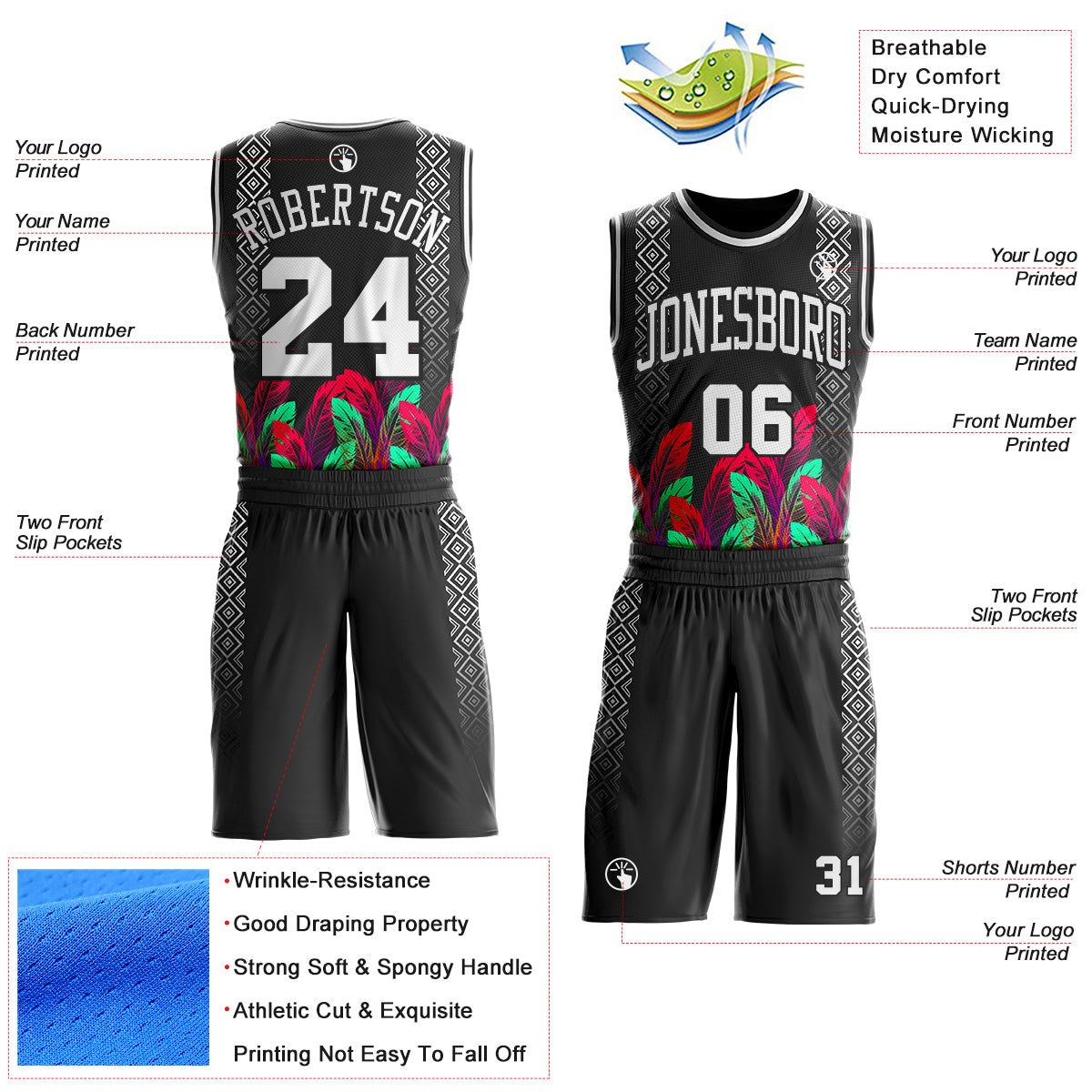 Custom Black White Red-Green Feather Geometric Boho Style Round Neck Sublimation Basketball Uniform Jersey view 2