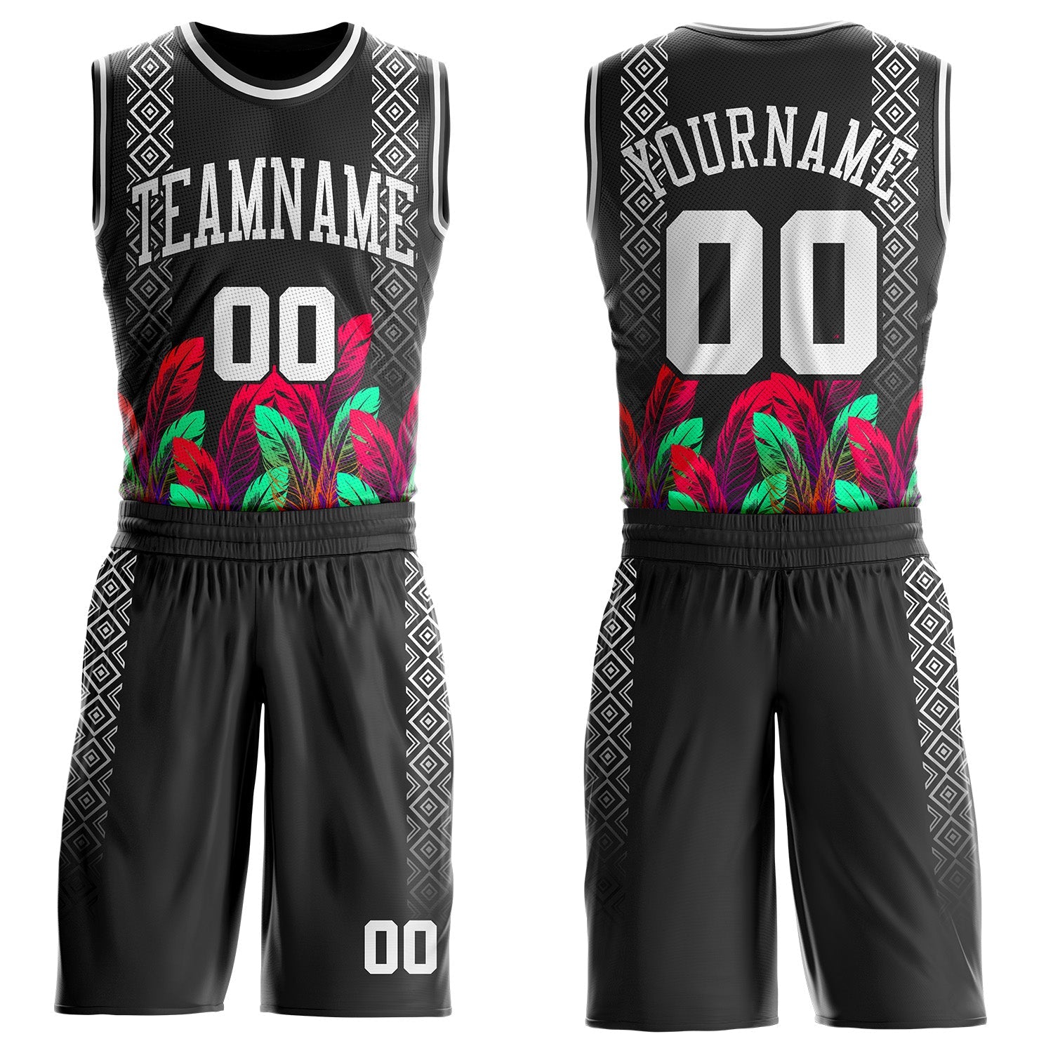 Custom Black White Red-Green Feather Geometric Boho Style Round Neck Sublimation Basketball Uniform Jersey - Main View