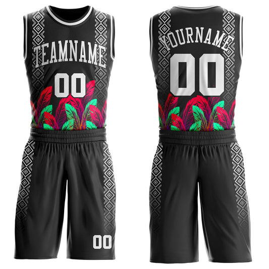 Custom Black White Red-Green Feather Geometric Boho Style Round Neck Sublimation Basketball Uniform Jersey - Main View