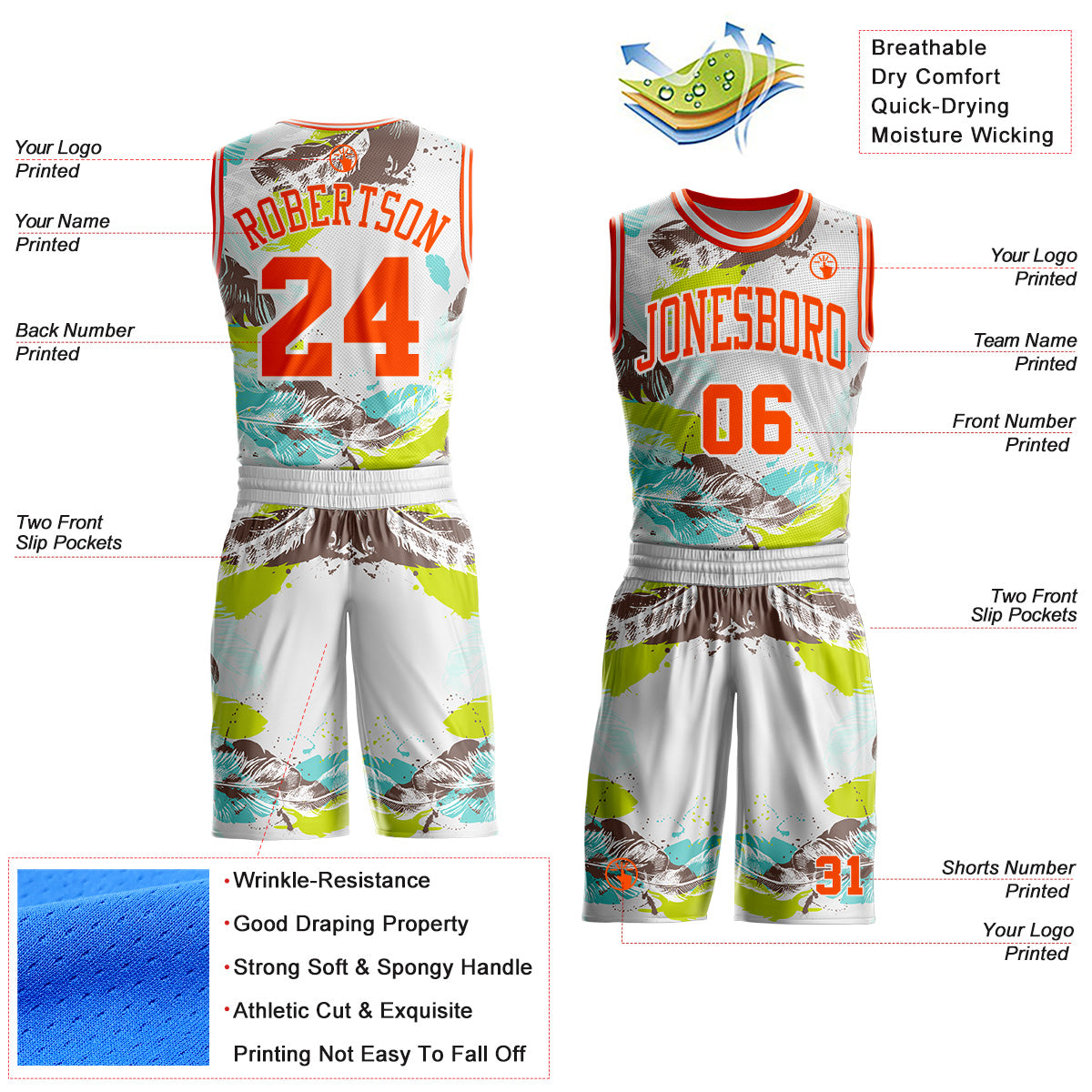 Custom White-Orange Feather Boho Style Round Neck Sublimation Basketball Uniform Jersey view 2