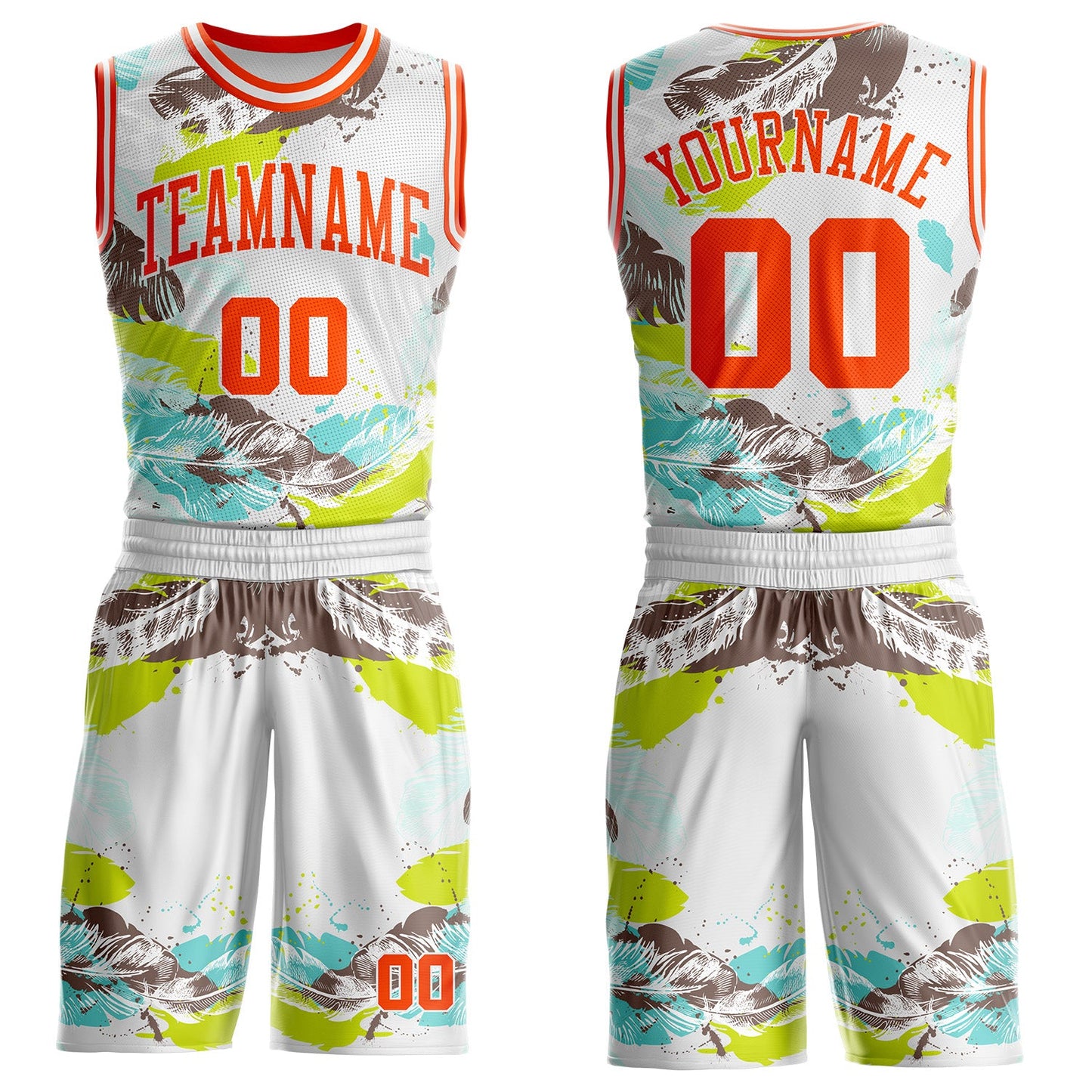 Custom White-Orange Feather Boho Style Round Neck Sublimation Basketball Uniform Jersey - Main View