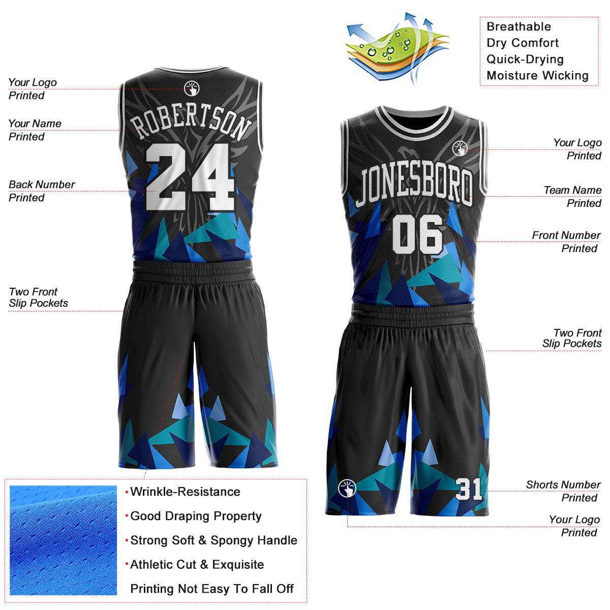Custom Black-White Geometric Triangle Wing Boho Style Round Neck Sublimation Basketball Uniform Jersey view 2