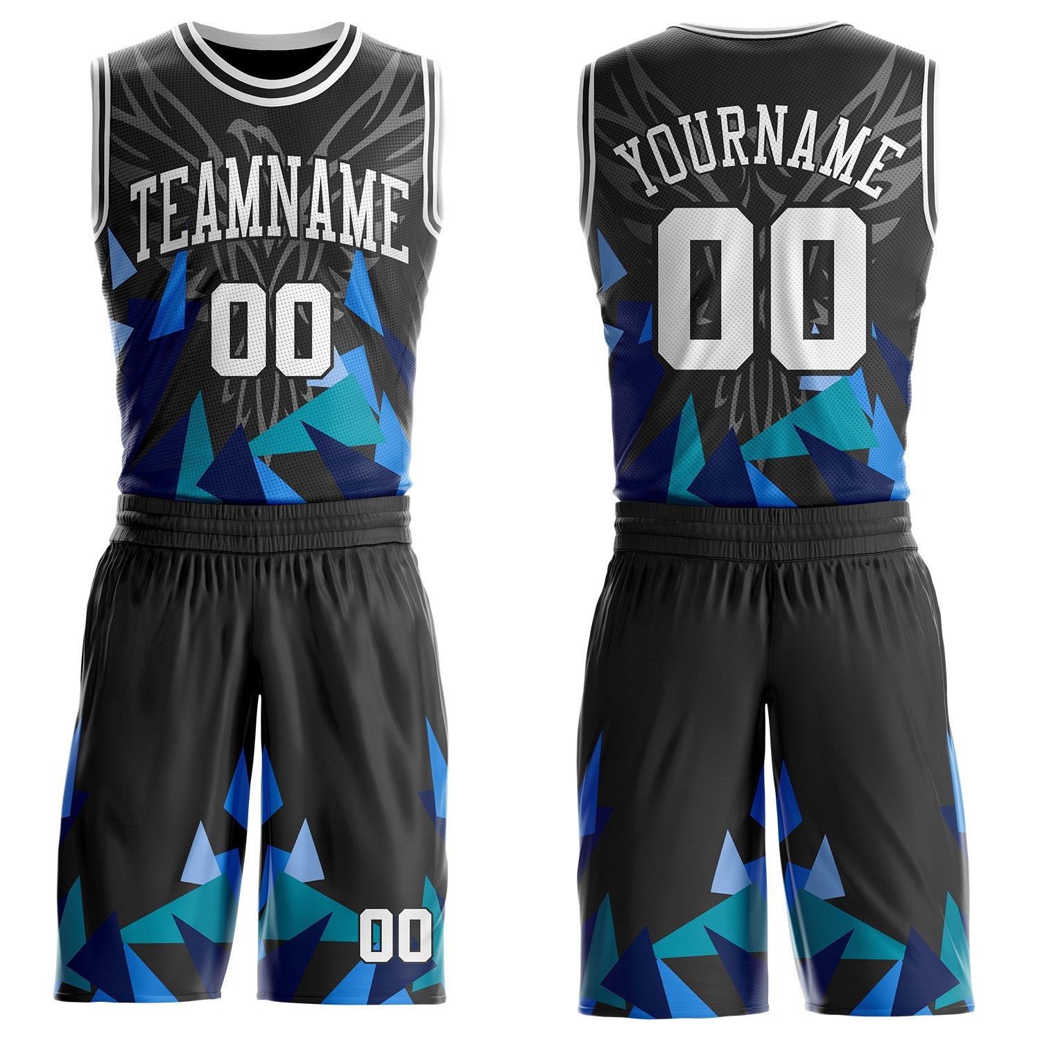 Custom Black-White Geometric Triangle Wing Boho Style Round Neck Sublimation Basketball Uniform Jersey - Main View