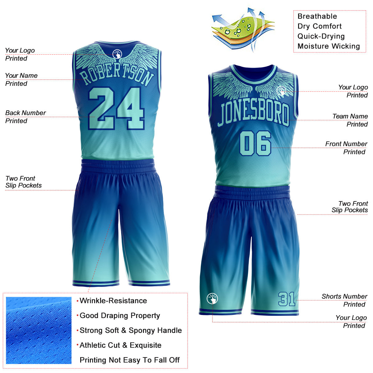 Custom Royal-Ice Blue Gradient Feather Wing Boho Style Round Neck Sublimation Basketball Uniform Jersey view 2