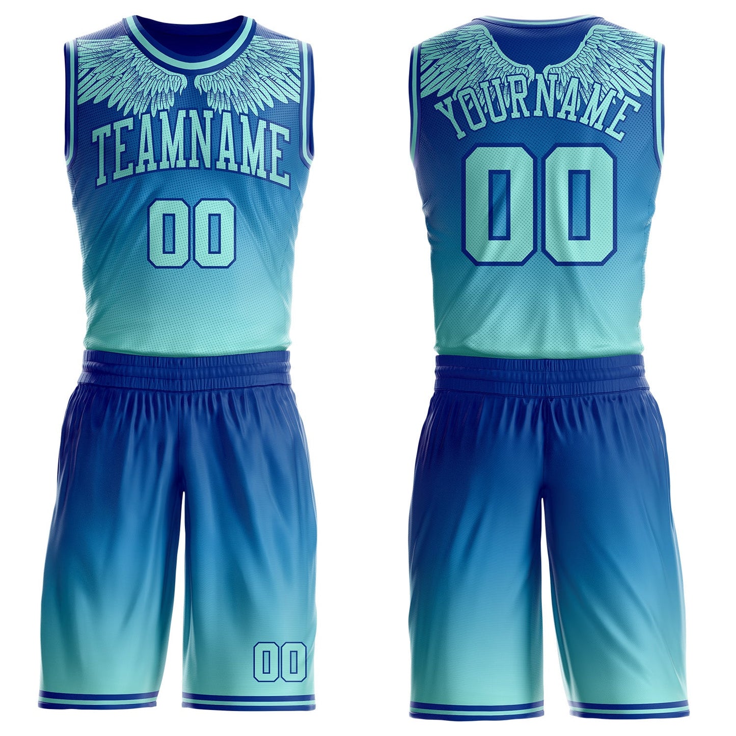 Custom Royal-Ice Blue Gradient Feather Wing Boho Style Round Neck Sublimation Basketball Uniform Jersey - Main View