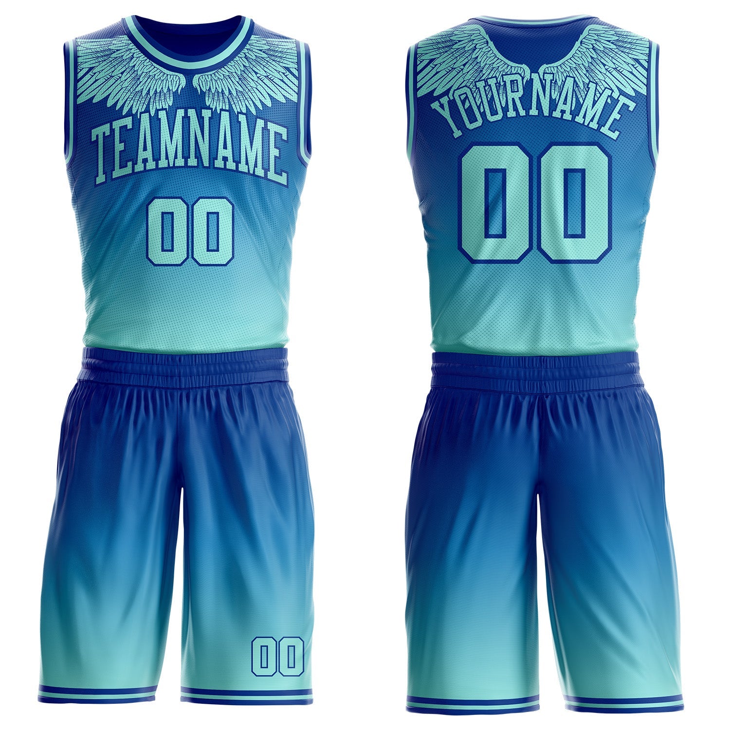 Custom Royal-Ice Blue Gradient Feather Wing Boho Style Round Neck Sublimation Basketball Uniform Jersey - Main View