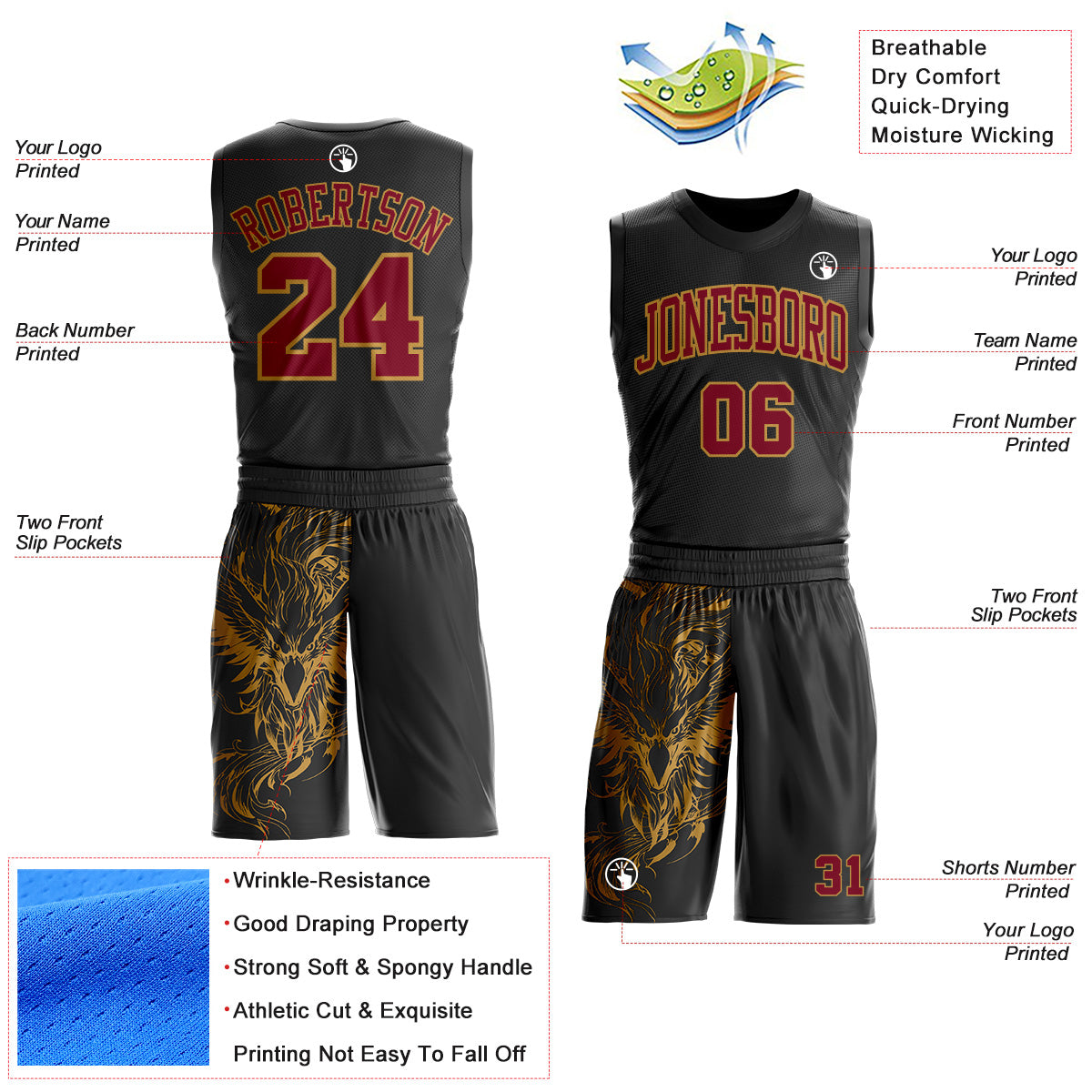 Custom Black Crimson-Old Gold Wing Boho Style Round Neck Sublimation Basketball Uniform Jersey view 2