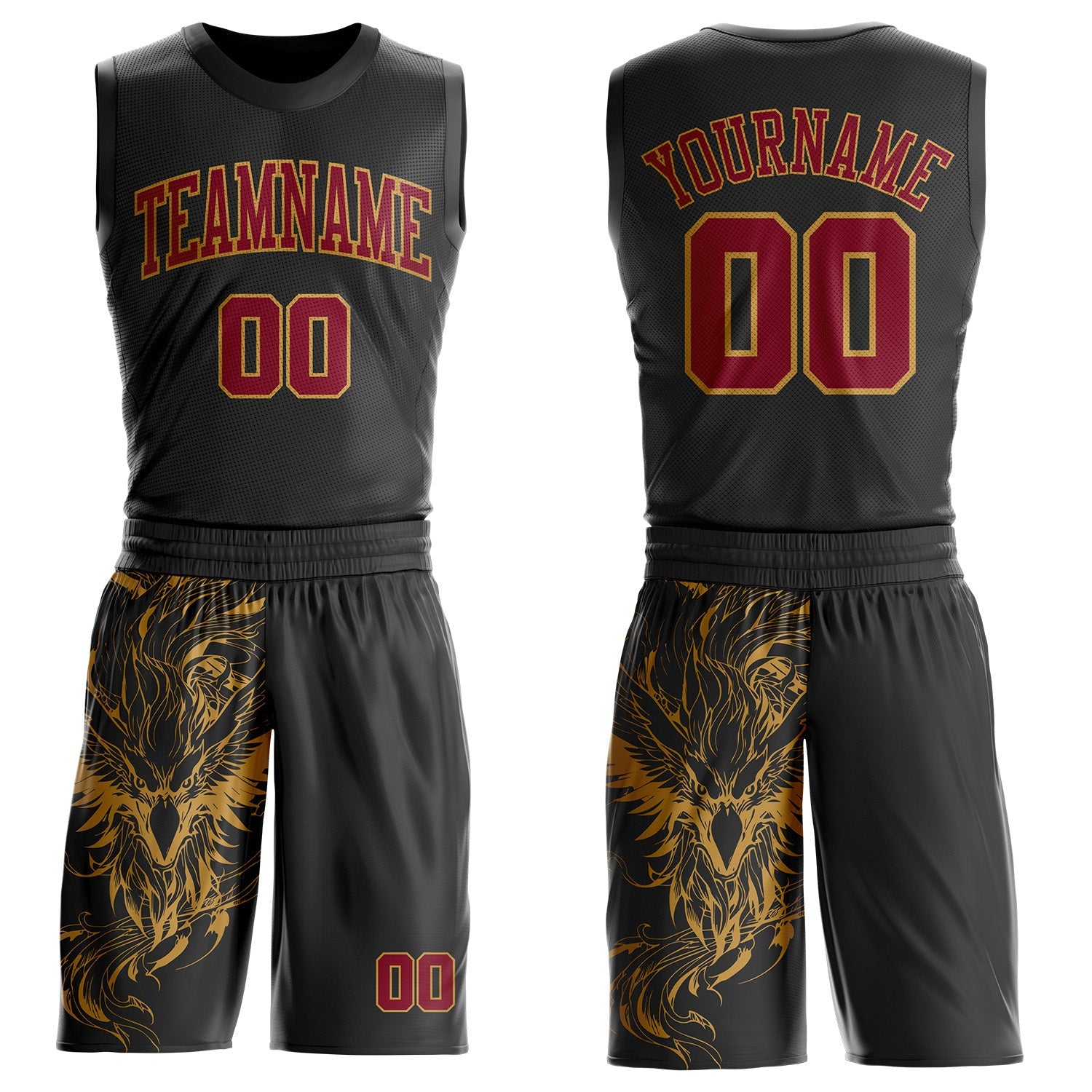 Custom Black Crimson-Old Gold Wing Boho Style Round Neck Sublimation Basketball Uniform Jersey - Main View