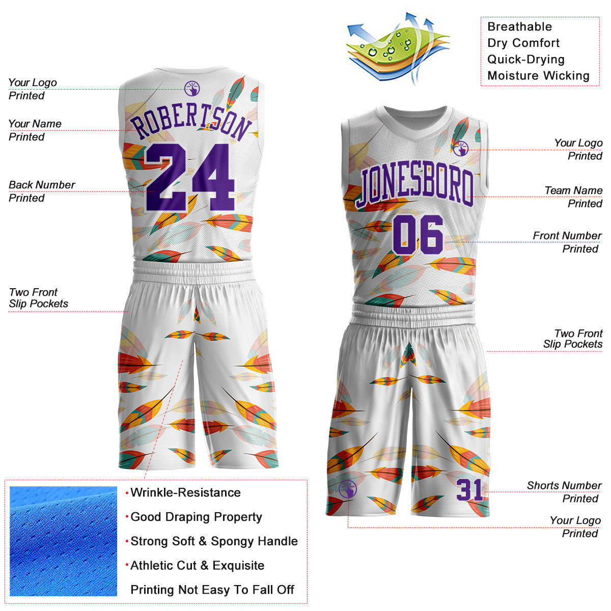 Custom White-Purple Feather Boho Style Round Neck Sublimation Basketball Uniform Jersey view 2