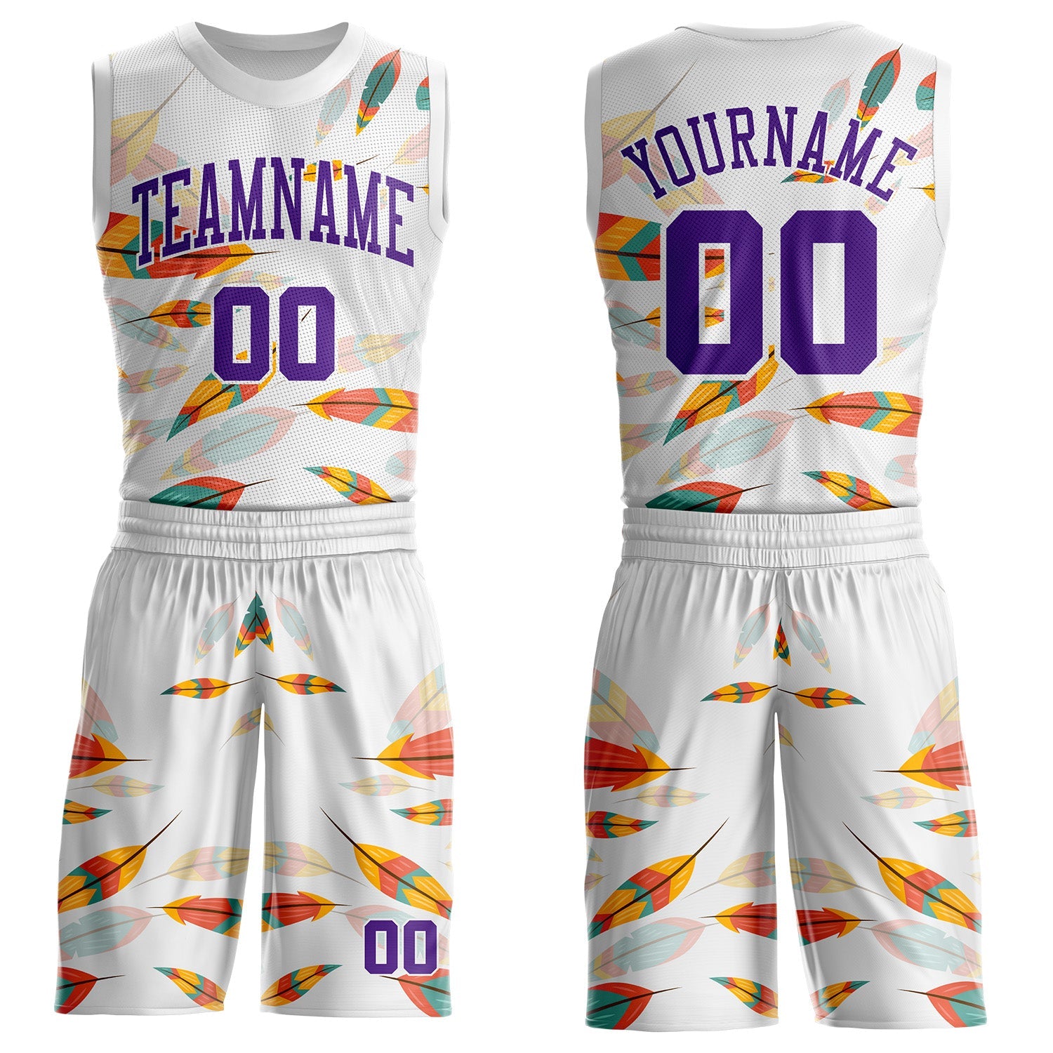 Custom White-Purple Feather Boho Style Round Neck Sublimation Basketball Uniform Jersey - Main View