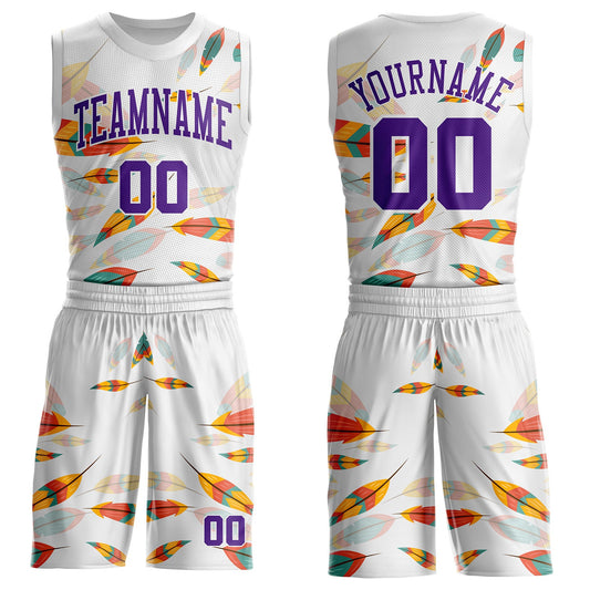 Custom White-Purple Feather Boho Style Round Neck Sublimation Basketball Uniform Jersey - Main View