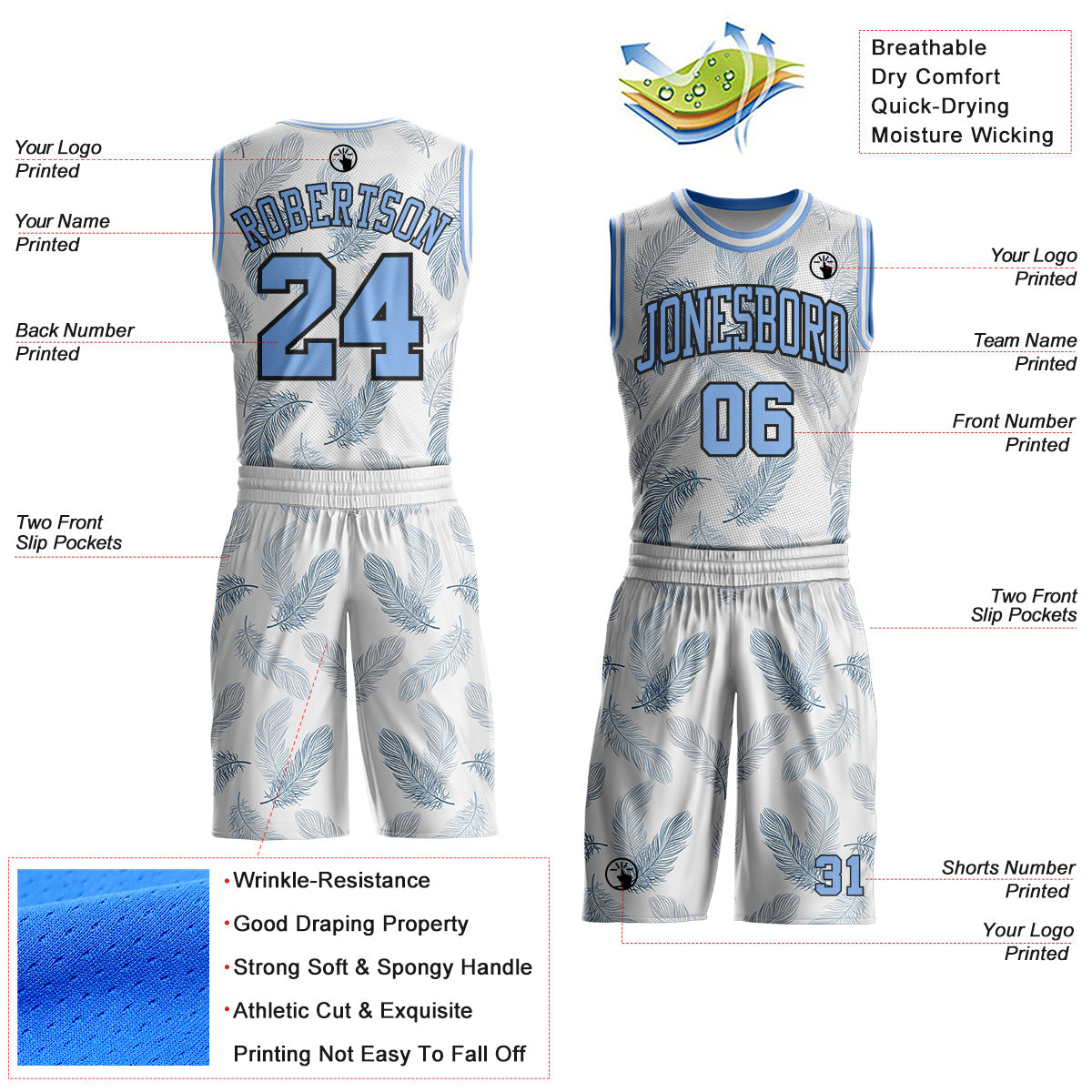 Custom White Light Blue-Black Feather Boho Style Round Neck Sublimation Basketball Uniform Jersey view 2