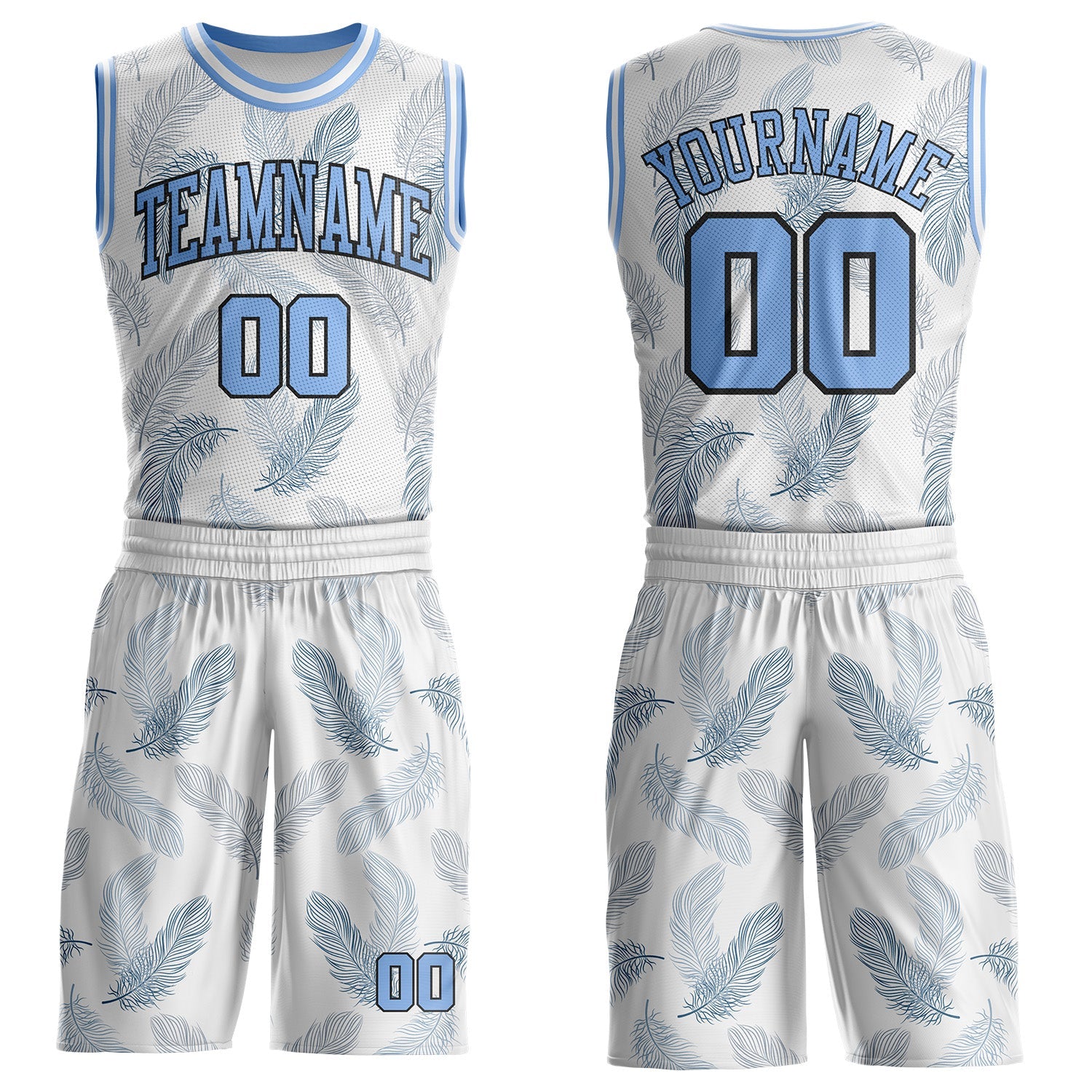 Custom White Light Blue-Black Feather Boho Style Round Neck Sublimation Basketball Uniform Jersey - Main View