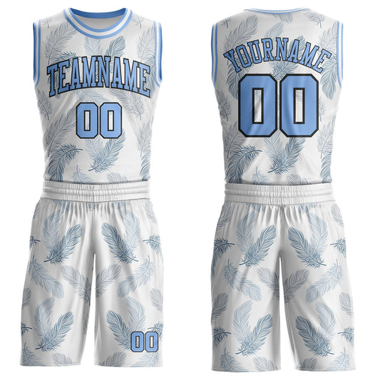 Custom White Light Blue-Black Feather Boho Style Round Neck Sublimation Basketball Uniform Jersey - Main View
