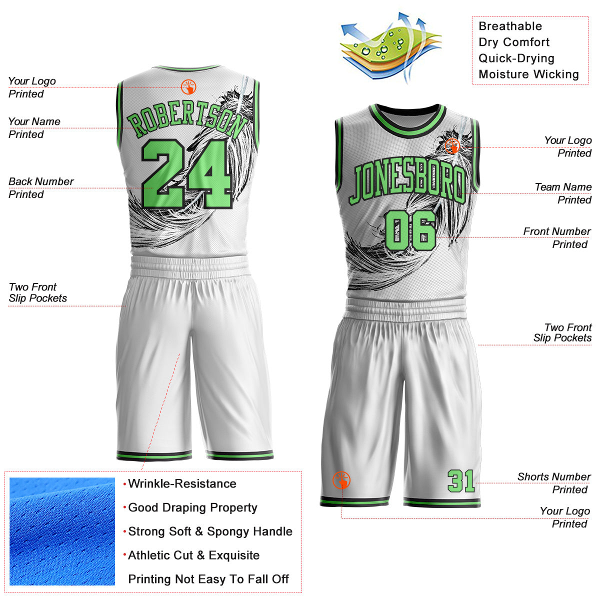 Custom White Pea Green-Black Feather Boho Style Round Neck Sublimation Basketball Uniform Jersey view 2