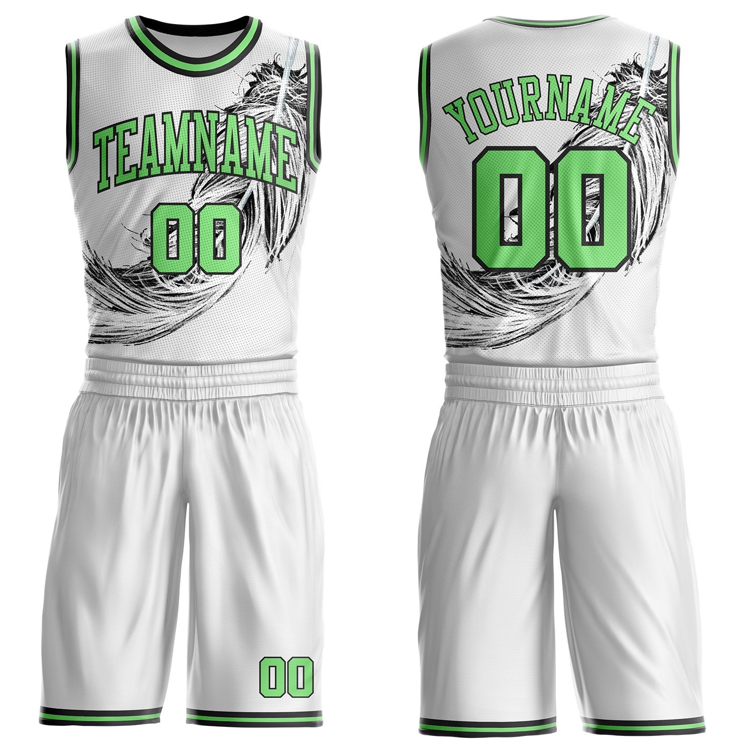 Custom White Pea Green-Black Feather Boho Style Round Neck Sublimation Basketball Uniform Jersey - Main View