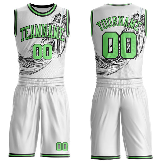 Custom White Pea Green-Black Feather Boho Style Round Neck Sublimation Basketball Uniform Jersey - Main View