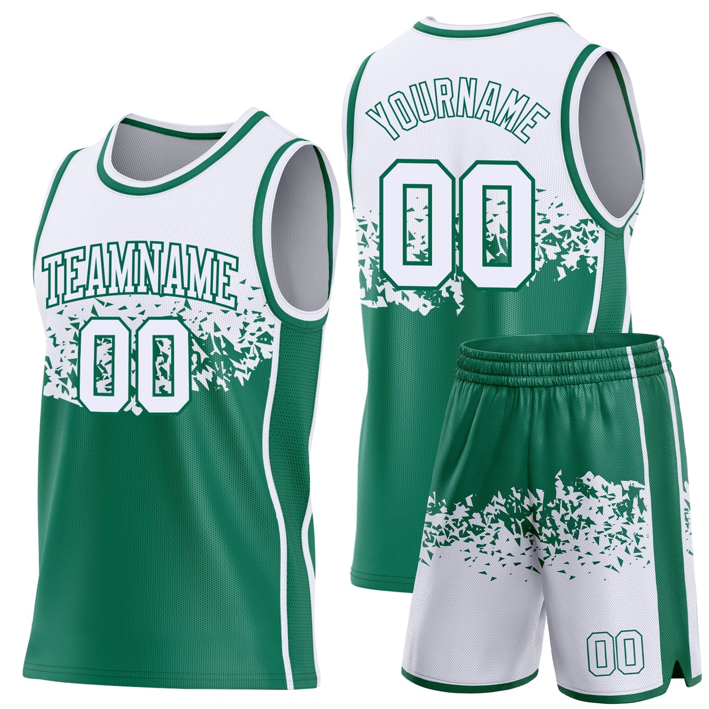 Custom White-Kelly Green Shattered Geometric Side Panel Stripe Round Neck Sublimation Basketball Set Jersey view 2