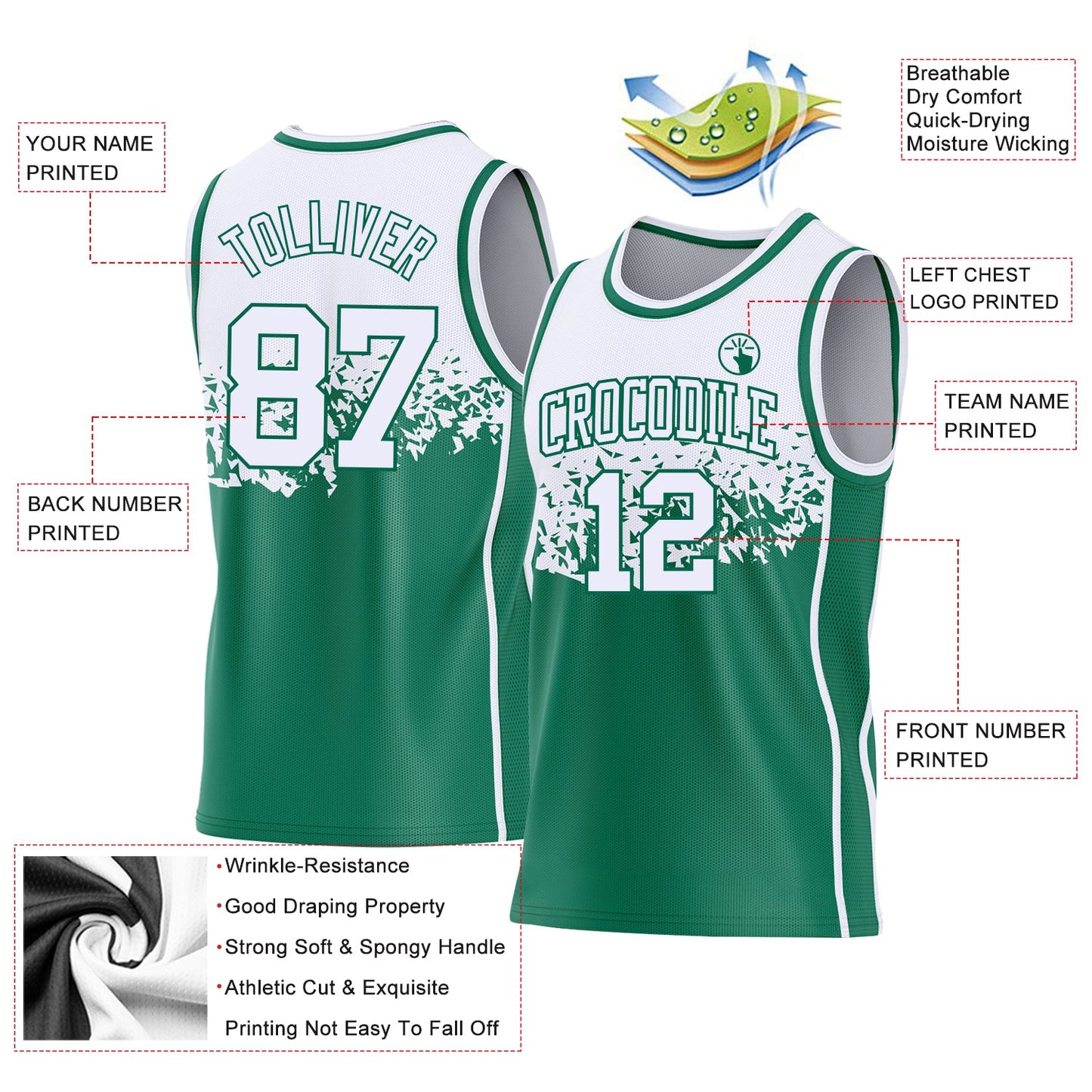 Custom White-Kelly Green Shattered Geometric Side Panel Stripe Round Neck Sublimation Basketball Set Jersey view 3