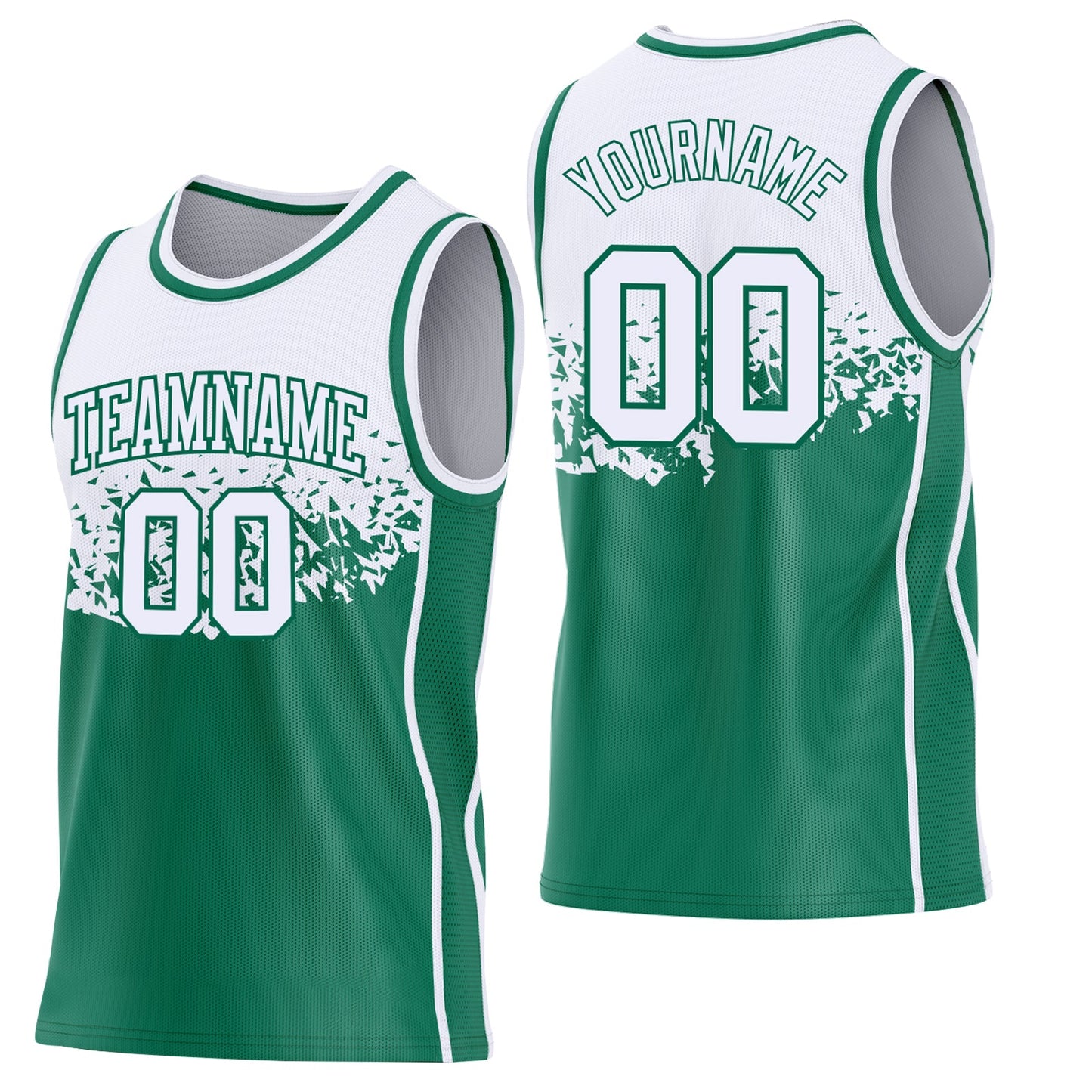 Custom White-Kelly Green Shattered Geometric Side Panel Stripe Round Neck Sublimation Basketball Set Jersey - Main View
