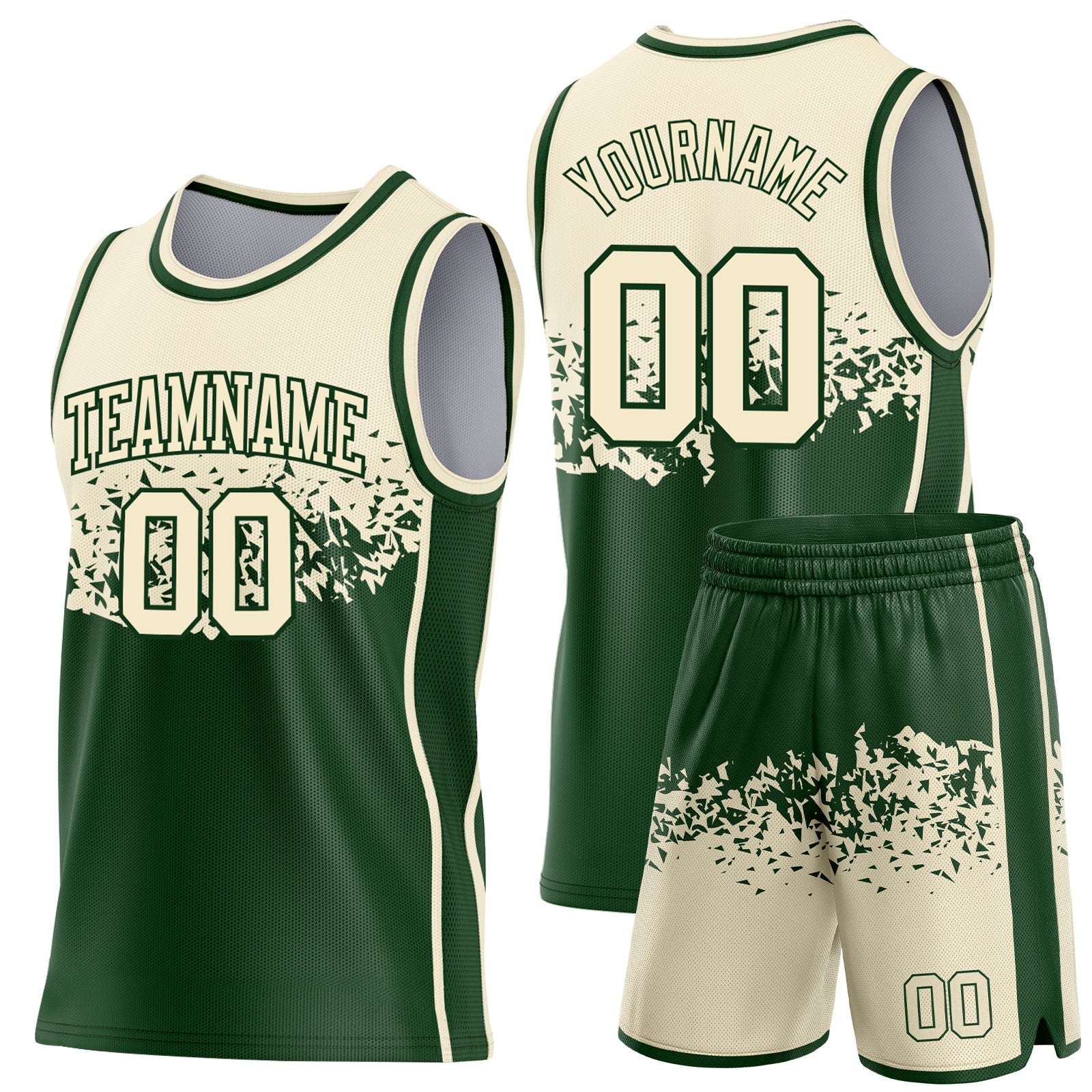 Custom Cream-Green Shattered Geometric Side Panel Stripe Round Neck Sublimation Basketball Set Jersey view 2