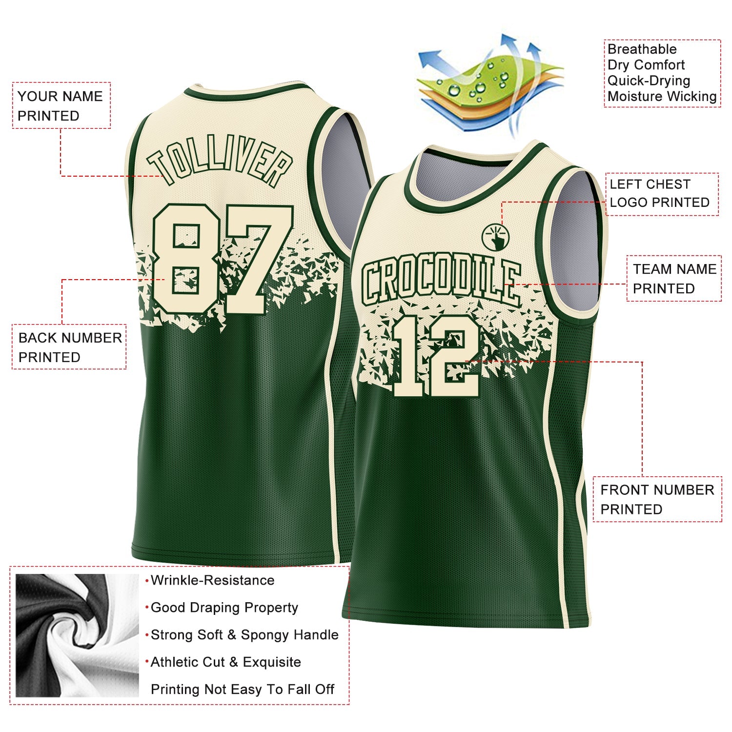 Custom Cream-Green Shattered Geometric Side Panel Stripe Round Neck Sublimation Basketball Set Jersey view 3