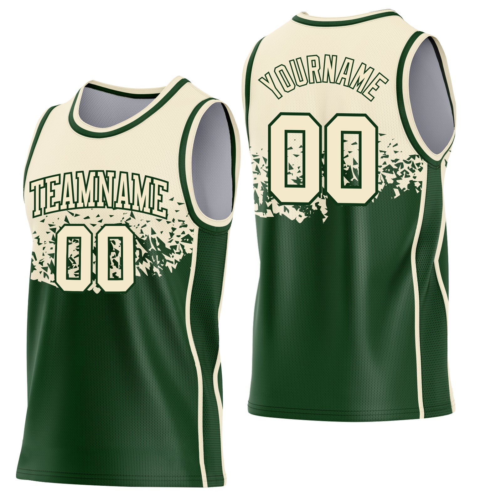Custom Cream-Green Shattered Geometric Side Panel Stripe Round Neck Sublimation Basketball Set Jersey - Main View