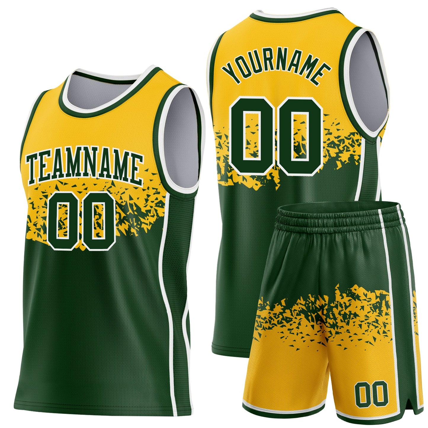 Custom Gold Green-White Shattered Geometric Side Panel Stripe Round Neck Sublimation Basketball Set Jersey view 2