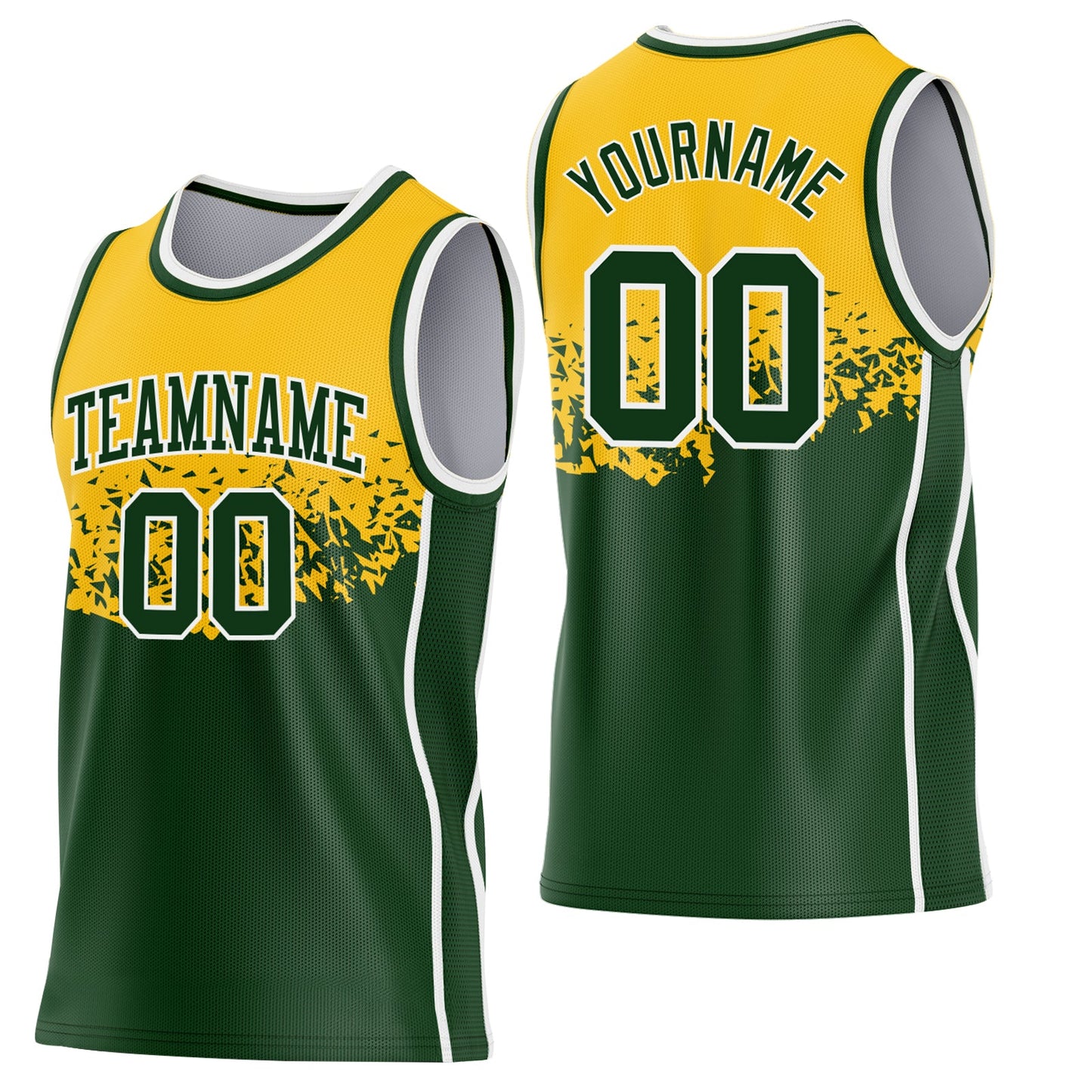 Custom Gold Green-White Shattered Geometric Side Panel Stripe Round Neck Sublimation Basketball Set Jersey - Main View