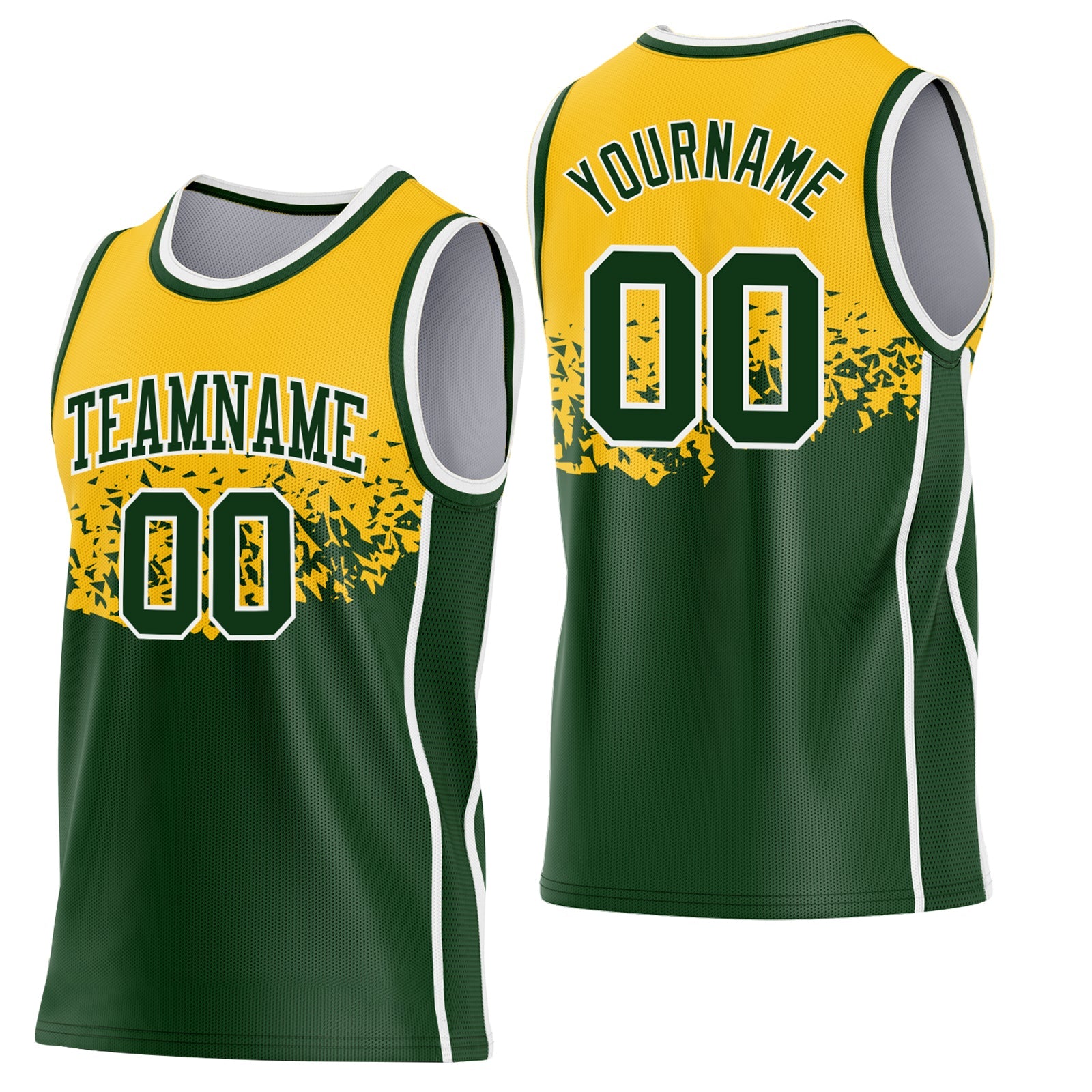 Custom Gold Green-White Shattered Geometric Side Panel Stripe Round Neck Sublimation Basketball Set Jersey - Main View