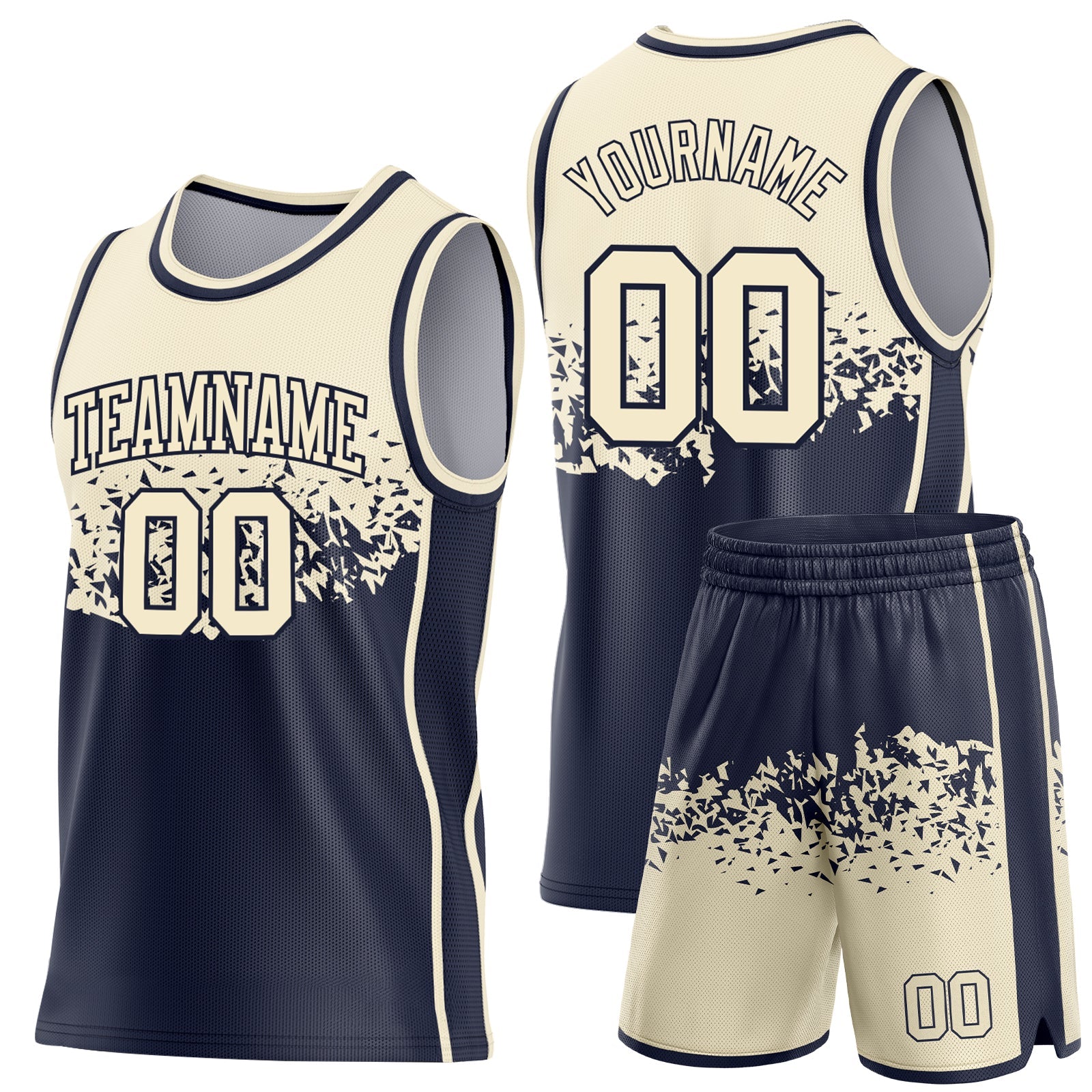 Custom Cream-Navy Shattered Geometric Side Panel Stripe Round Neck Sublimation Basketball Set Jersey view 2
