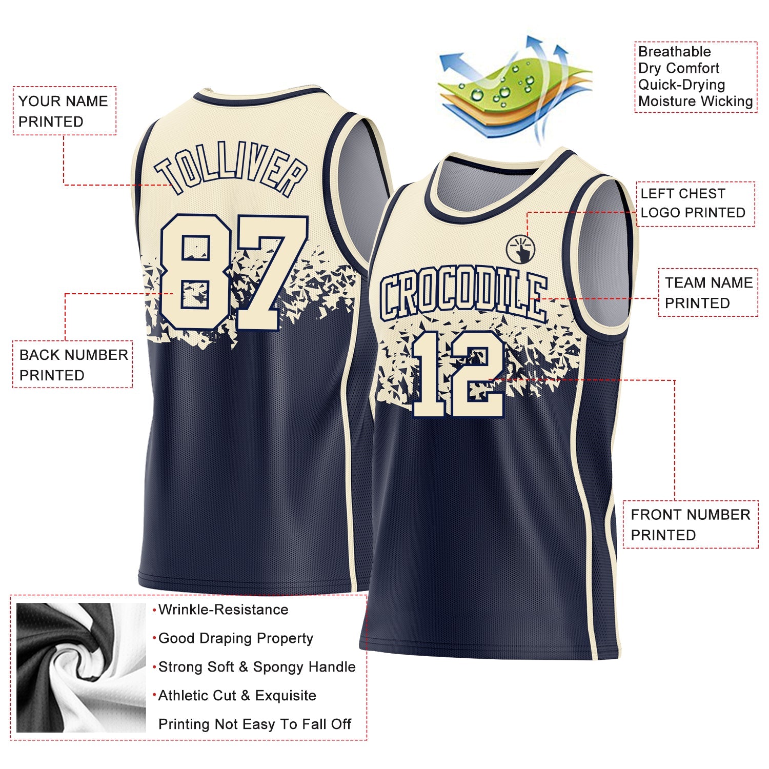 Custom Cream-Navy Shattered Geometric Side Panel Stripe Round Neck Sublimation Basketball Set Jersey view 3