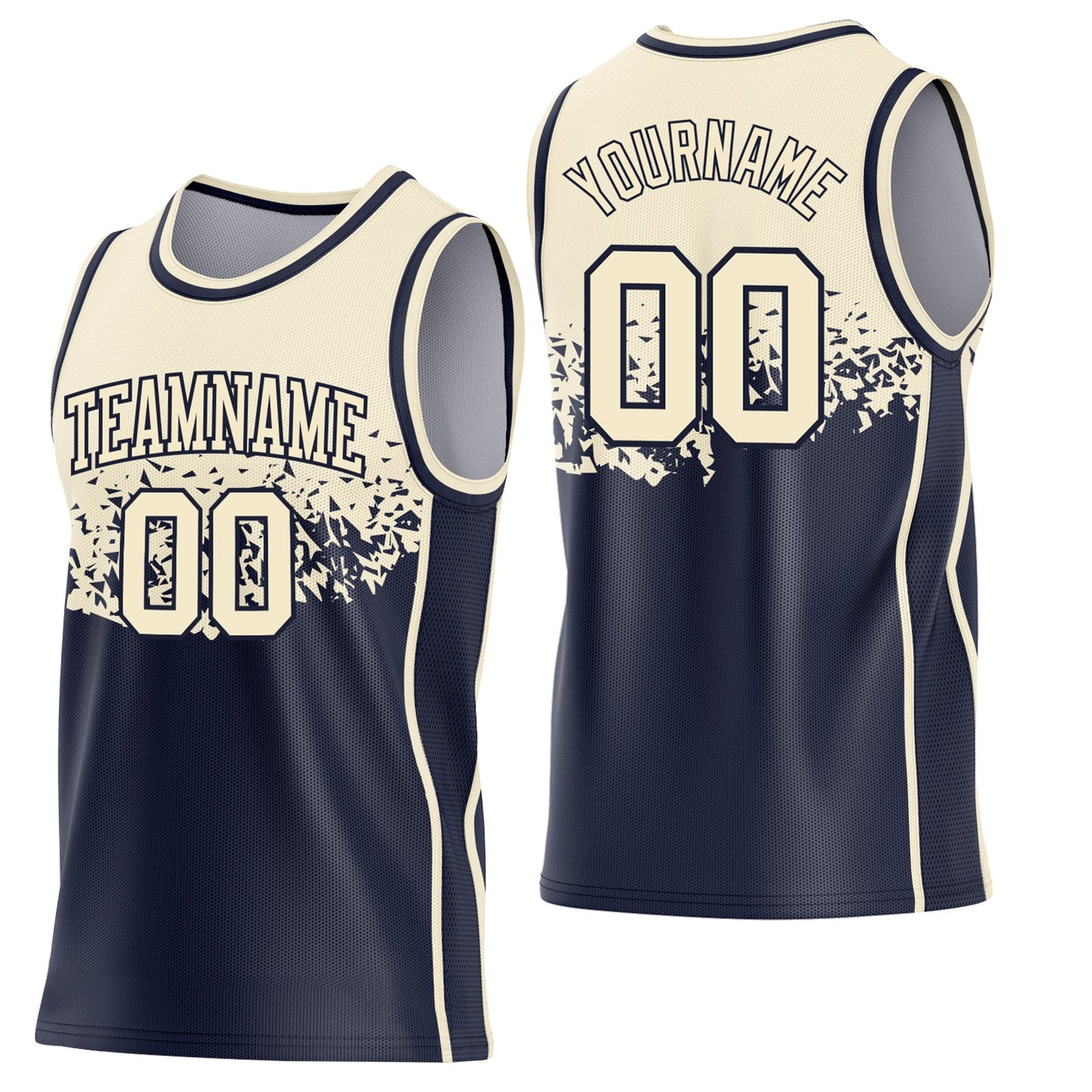 Custom Cream-Navy Shattered Geometric Side Panel Stripe Round Neck Sublimation Basketball Set Jersey - Main View