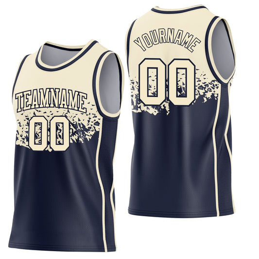 Custom Cream-Navy Shattered Geometric Side Panel Stripe Round Neck Sublimation Basketball Set Jersey - Main View