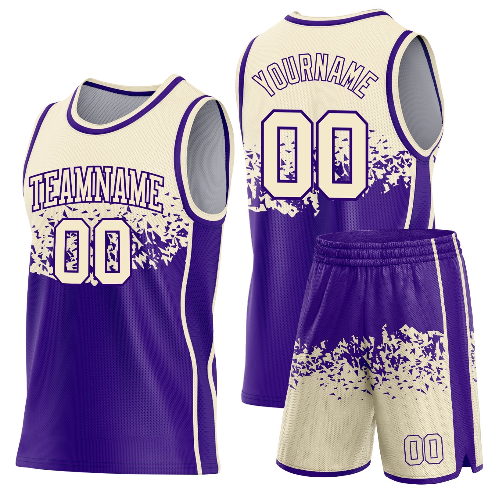 Custom Cream-Purple Shattered Geometric Side Panel Stripe Round Neck Sublimation Basketball Set Jersey view 2