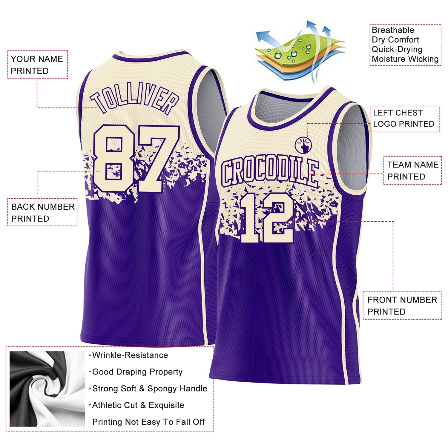 Custom Cream-Purple Shattered Geometric Side Panel Stripe Round Neck Sublimation Basketball Set Jersey view 3