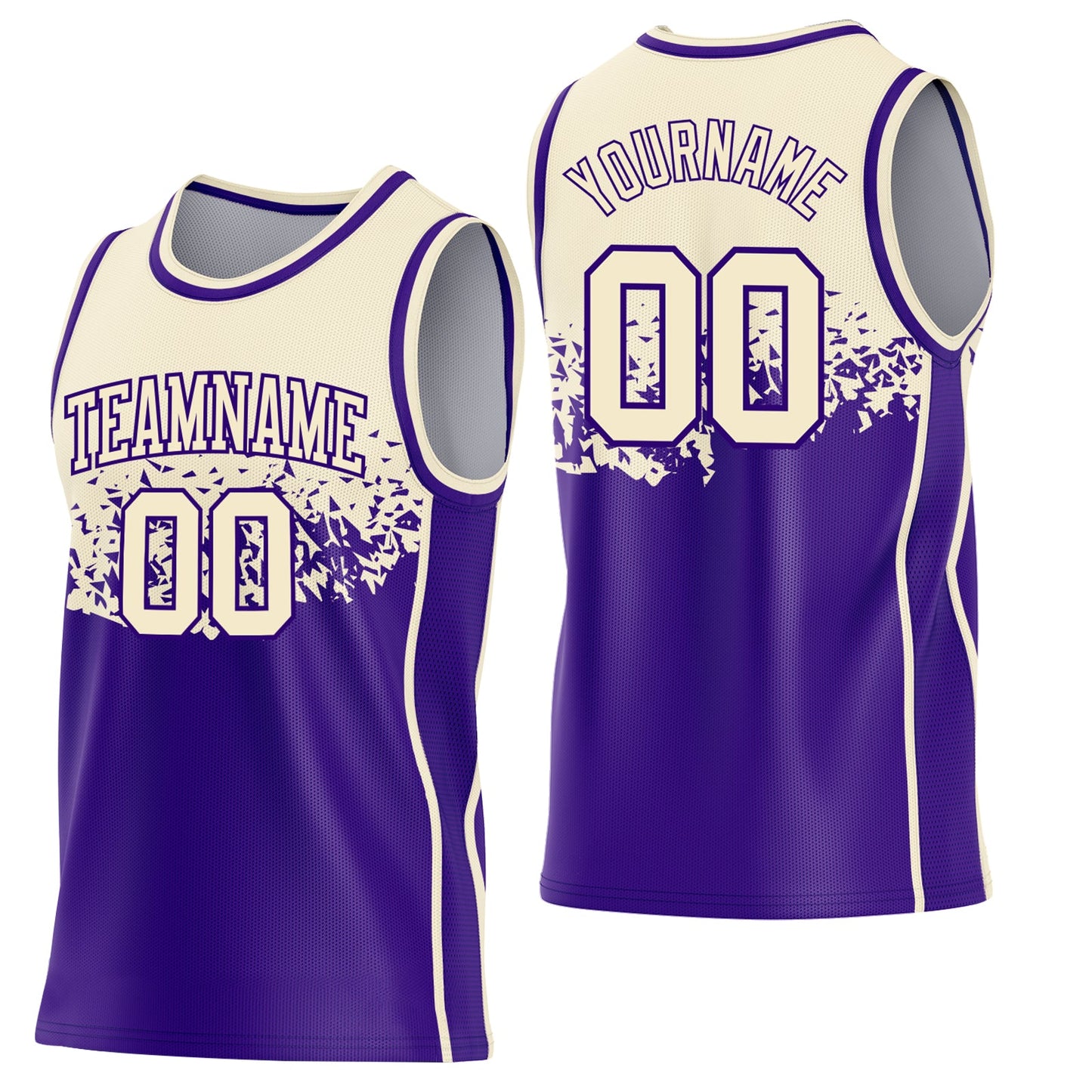 Custom Cream-Purple Shattered Geometric Side Panel Stripe Round Neck Sublimation Basketball Set Jersey - Main View