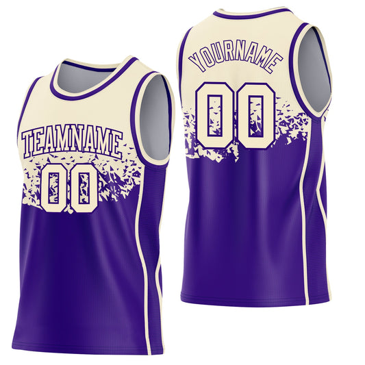Custom Cream-Purple Shattered Geometric Side Panel Stripe Round Neck Sublimation Basketball Set Jersey - Main View