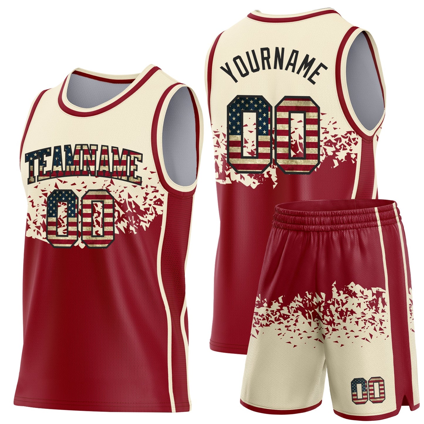 Custom Cream Vintage USA Flag Maroon-Black Shattered Geometric Side Panel Stripe Round Neck Sublimation Basketball Set Jersey view 2