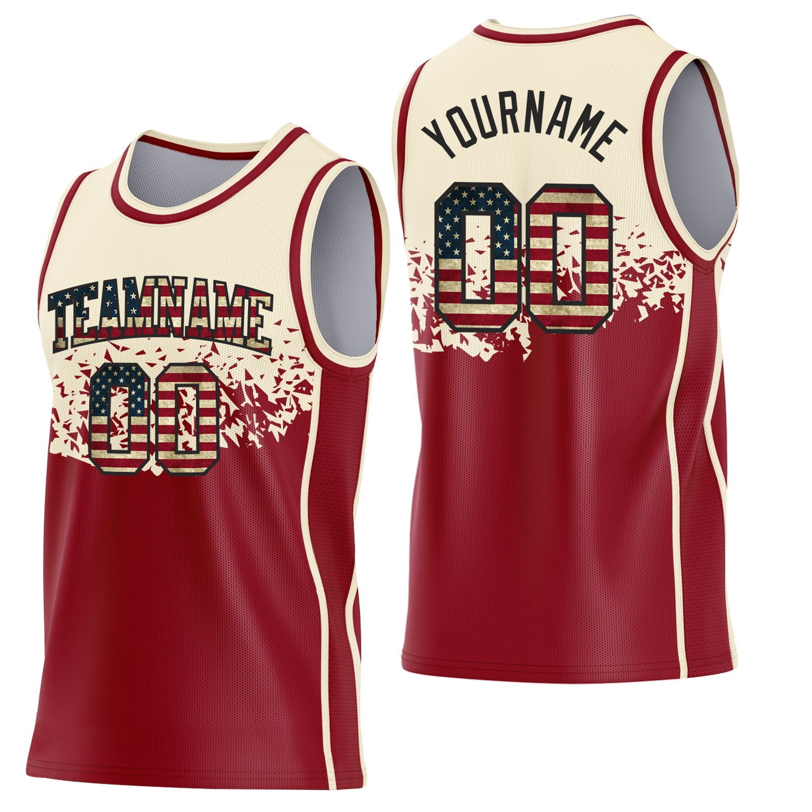 Custom Cream Vintage USA Flag Maroon-Black Shattered Geometric Side Panel Stripe Round Neck Sublimation Basketball Set Jersey - Main View