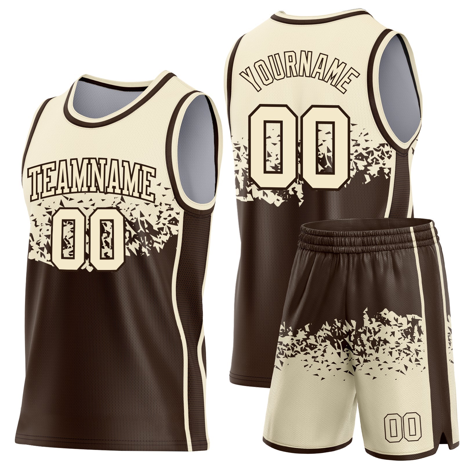 Custom Cream-Brown Shattered Geometric Side Panel Stripe Round Neck Sublimation Basketball Set Jersey view 2