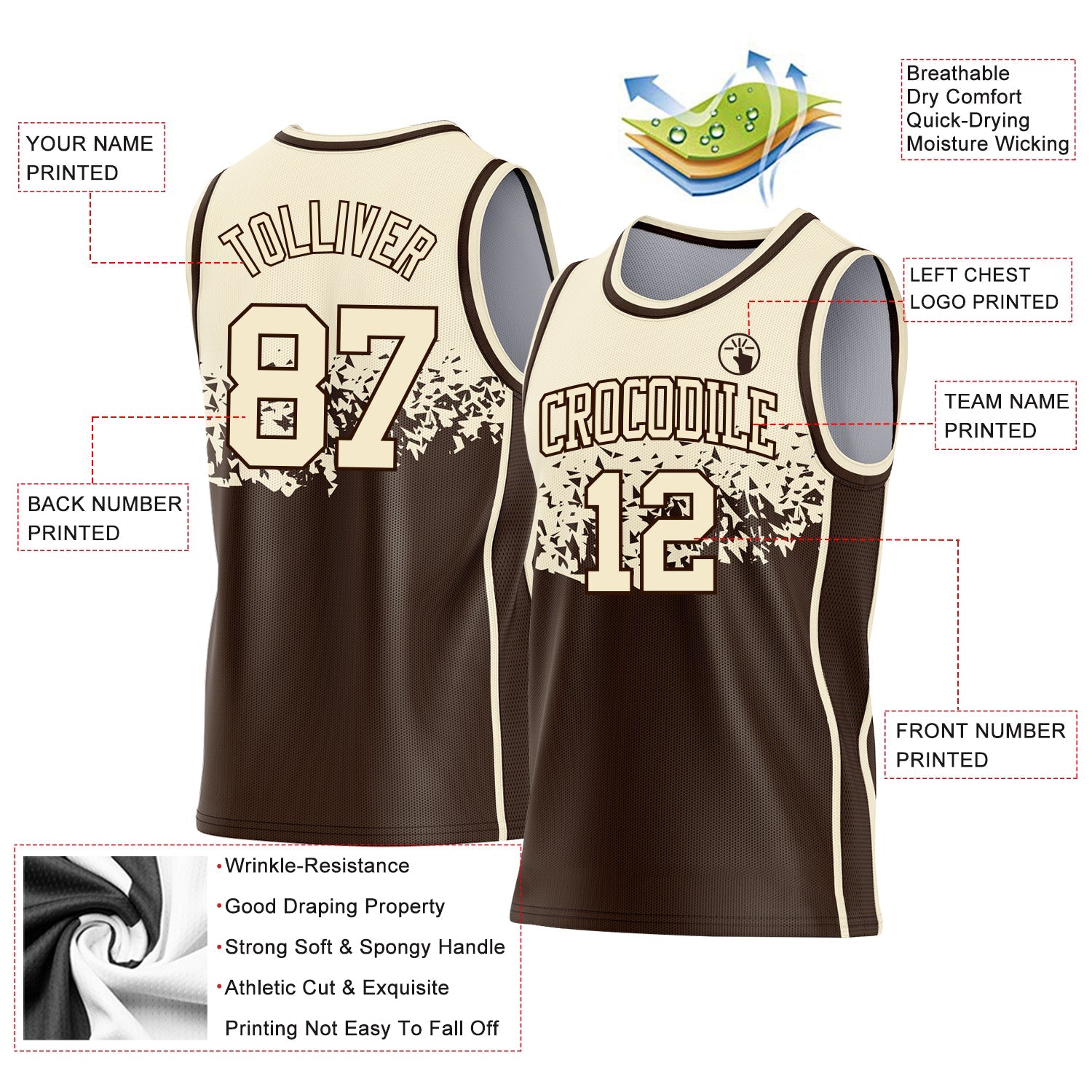 Custom Cream-Brown Shattered Geometric Side Panel Stripe Round Neck Sublimation Basketball Set Jersey view 3