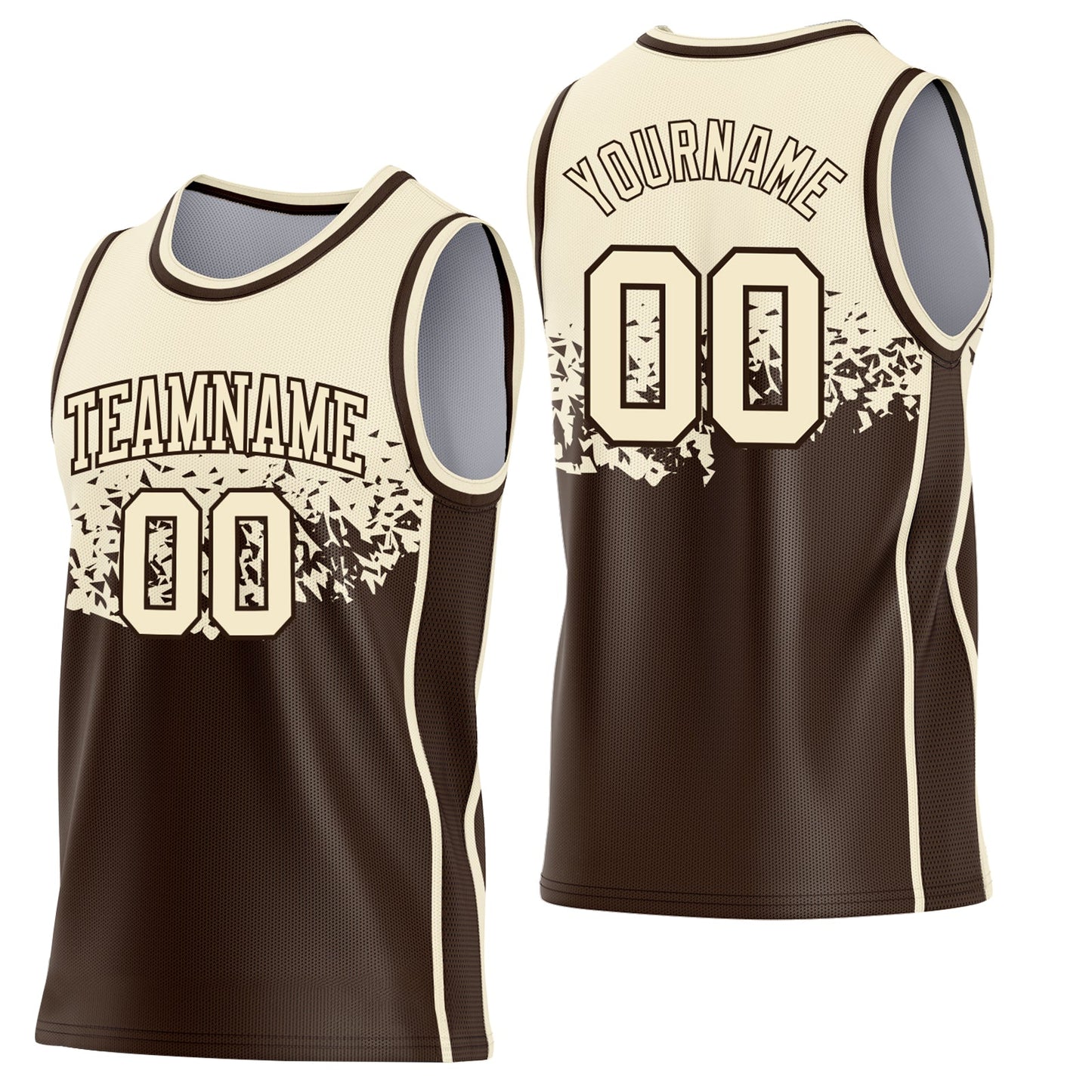 Custom Cream-Brown Shattered Geometric Side Panel Stripe Round Neck Sublimation Basketball Set Jersey - Main View